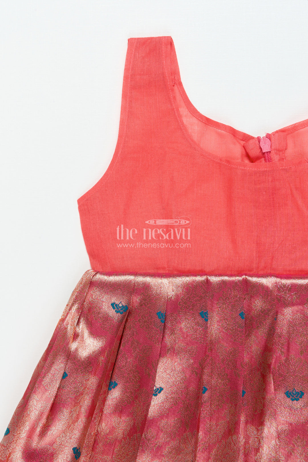 The Nesavu Pattu Pavadai Baby Girl Traditional Pattu Pavadai with Chanderi Yoke for Special Occasions Nesavu Nesavu baby girl pattu pavadai with chanderi yoke and Banaras skirt for traditional baby functions