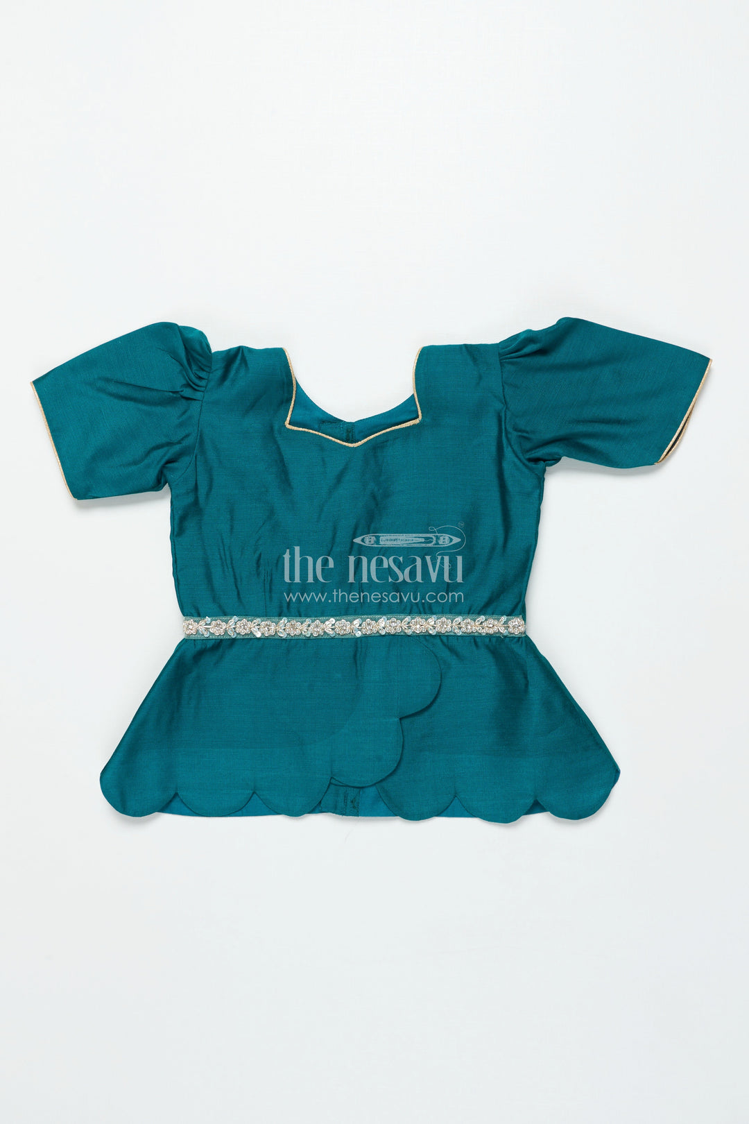 The Nesavu Pattu Pavadai Baby Girl Traditional Pattu Pavadai with Chanderi Yoke for Special Occasions Nesavu Nesavu baby girl pattu pavadai with chanderi yoke and Banaras skirt for traditional baby functions