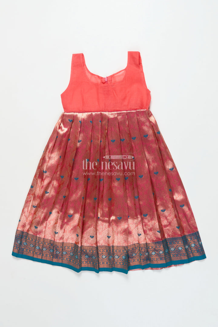 The Nesavu Pattu Pavadai Baby Girl Traditional Pattu Pavadai with Chanderi Yoke for Special Occasions Nesavu Nesavu baby girl pattu pavadai with chanderi yoke and Banaras skirt for traditional baby functions