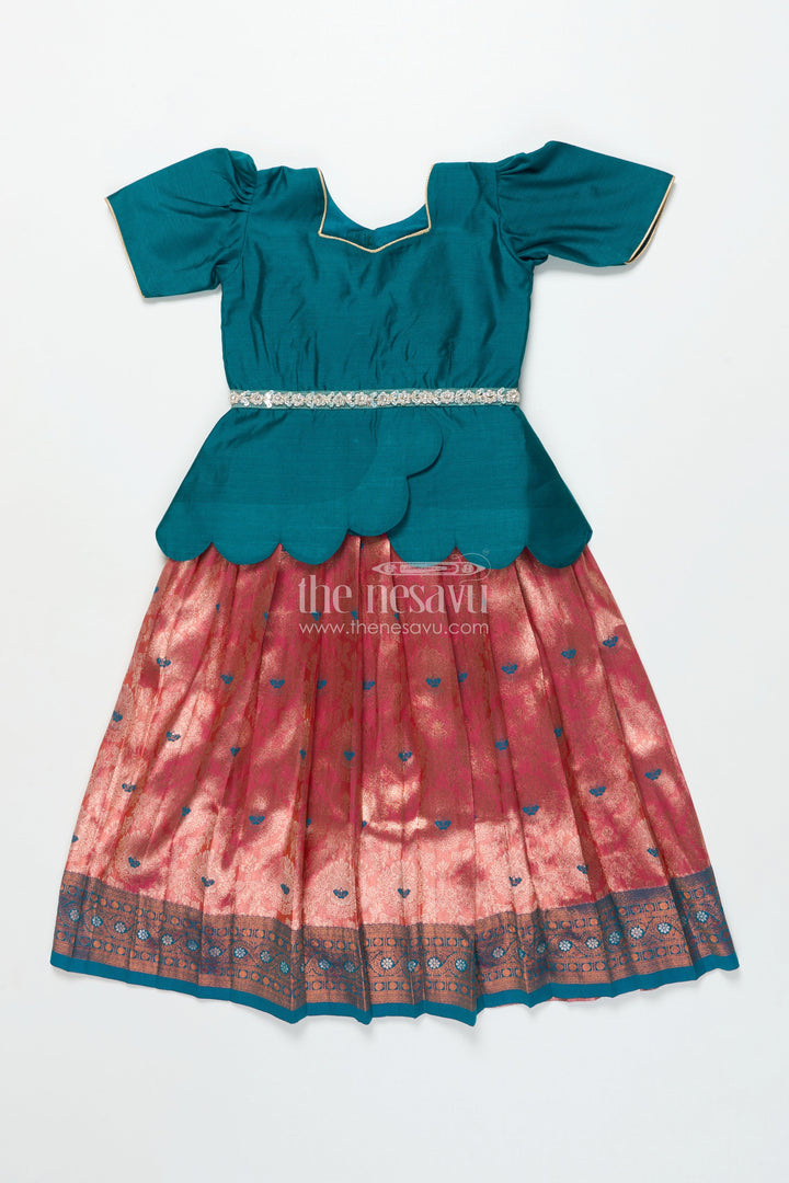 The Nesavu Pattu Pavadai Baby Girl Traditional Pattu Pavadai with Chanderi Yoke for Special Occasions Nesavu Nesavu baby girl pattu pavadai with chanderi yoke and Banaras skirt for traditional baby functions