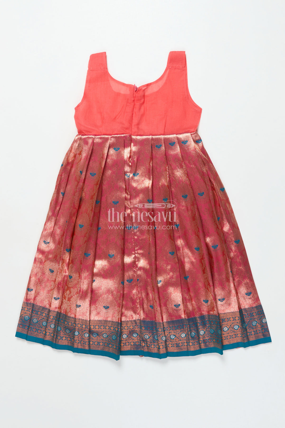 The Nesavu Pattu Pavadai Baby Girl Traditional Pattu Pavadai with Chanderi Yoke for Special Occasions Nesavu Nesavu baby girl pattu pavadai with chanderi yoke and Banaras skirt for traditional baby functions