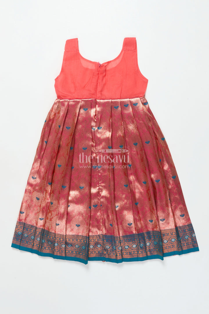 The Nesavu Pattu Pavadai Baby Girl Traditional Pattu Pavadai with Chanderi Yoke for Special Occasions Nesavu Nesavu baby girl pattu pavadai with chanderi yoke and Banaras skirt for traditional baby functions