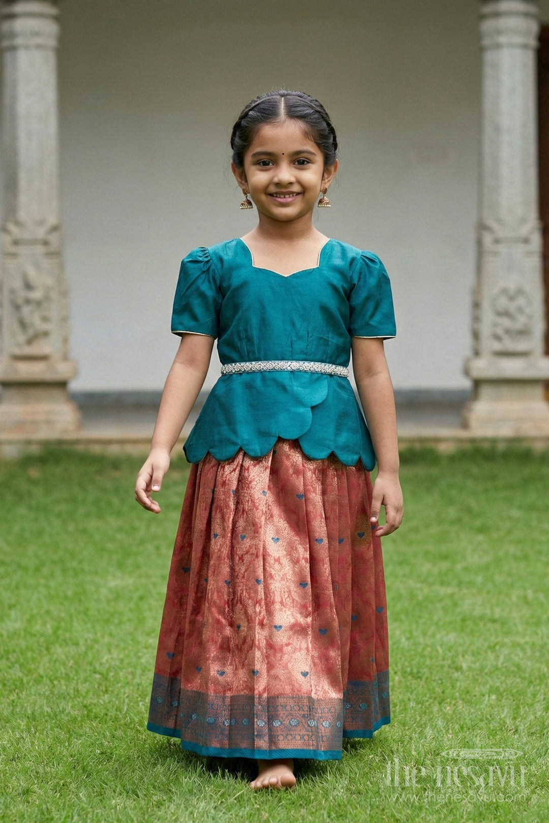 The Nesavu Pattu Pavadai Baby Girl Traditional Pattu Pavadai with Chanderi Yoke for Special Occasions Nesavu Nesavu baby girl pattu pavadai with chanderi yoke and Banaras skirt for traditional baby functions