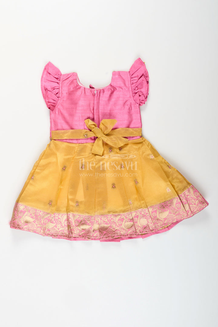 The Nesavu Silk Frock Baby girl traditional silk frock for birthday and ethnic photoshoots Nesavu Nesavu pink and yellow silk frock for baby girls with tissue bottom ideal for birthdays and naming functions