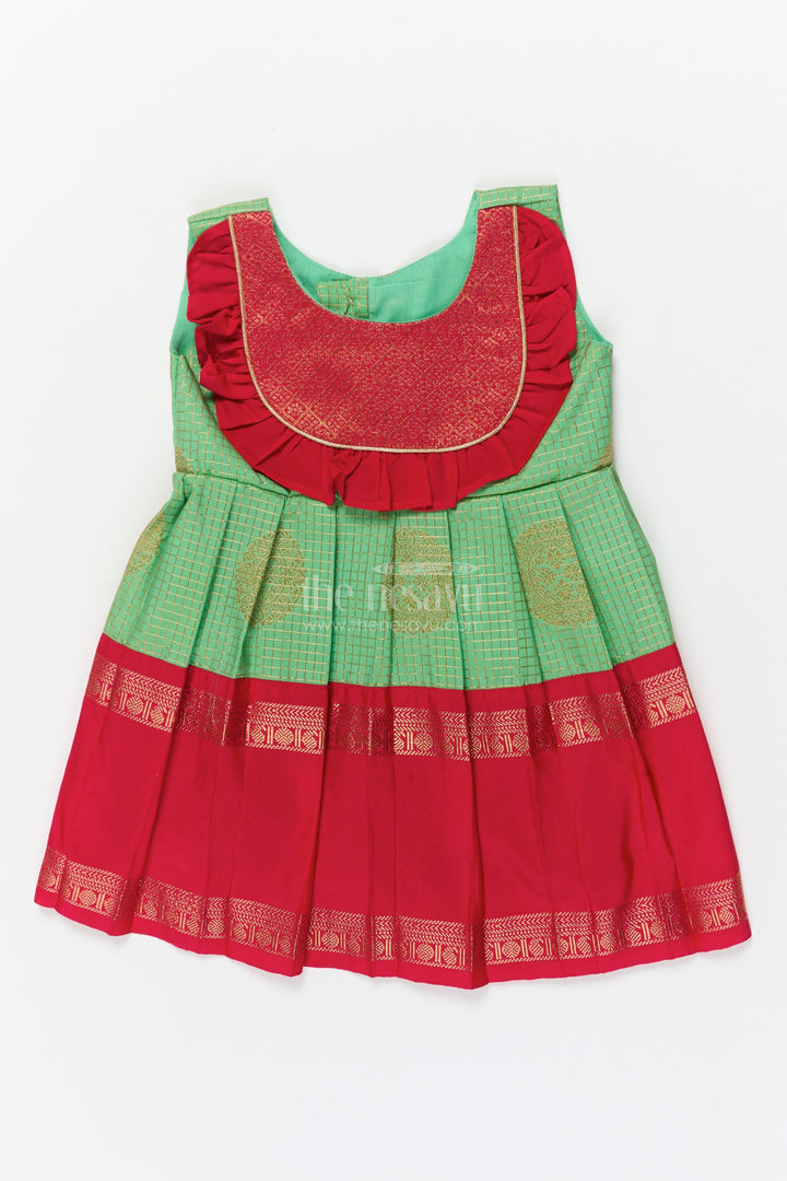 The Nesavu Girls Kanchi Silk Frock Baby Girl Traditional Silk Frock with Frilled Yoke for Festive Celebrations Nesavu 10 (NB) / Green / Style 2 KSF036HB-10 Nesavu baby girl ethnic silk frock with zari detailing and contrast frilled yoke for cultural occasions