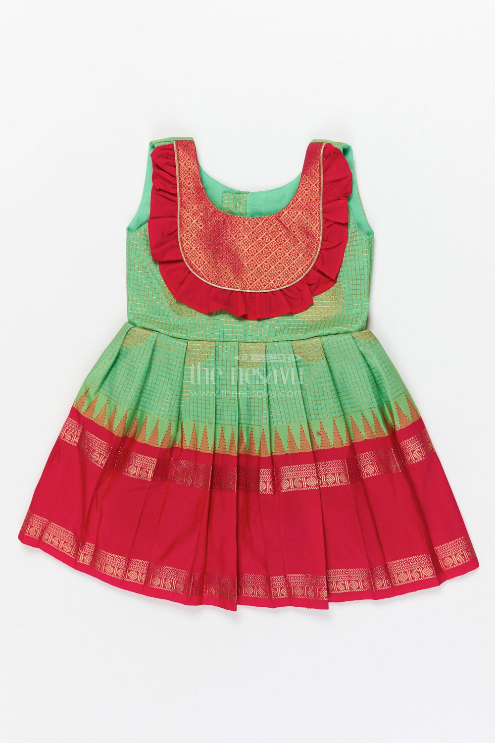 The Nesavu Girls Kanchi Silk Frock Baby Girl Traditional Silk Frock with Frilled Yoke for Festive Celebrations Nesavu 14 (6M) / Green / Style 1 KSF036HA-14 Nesavu baby girl ethnic silk frock with zari detailing and contrast frilled yoke for cultural occasions