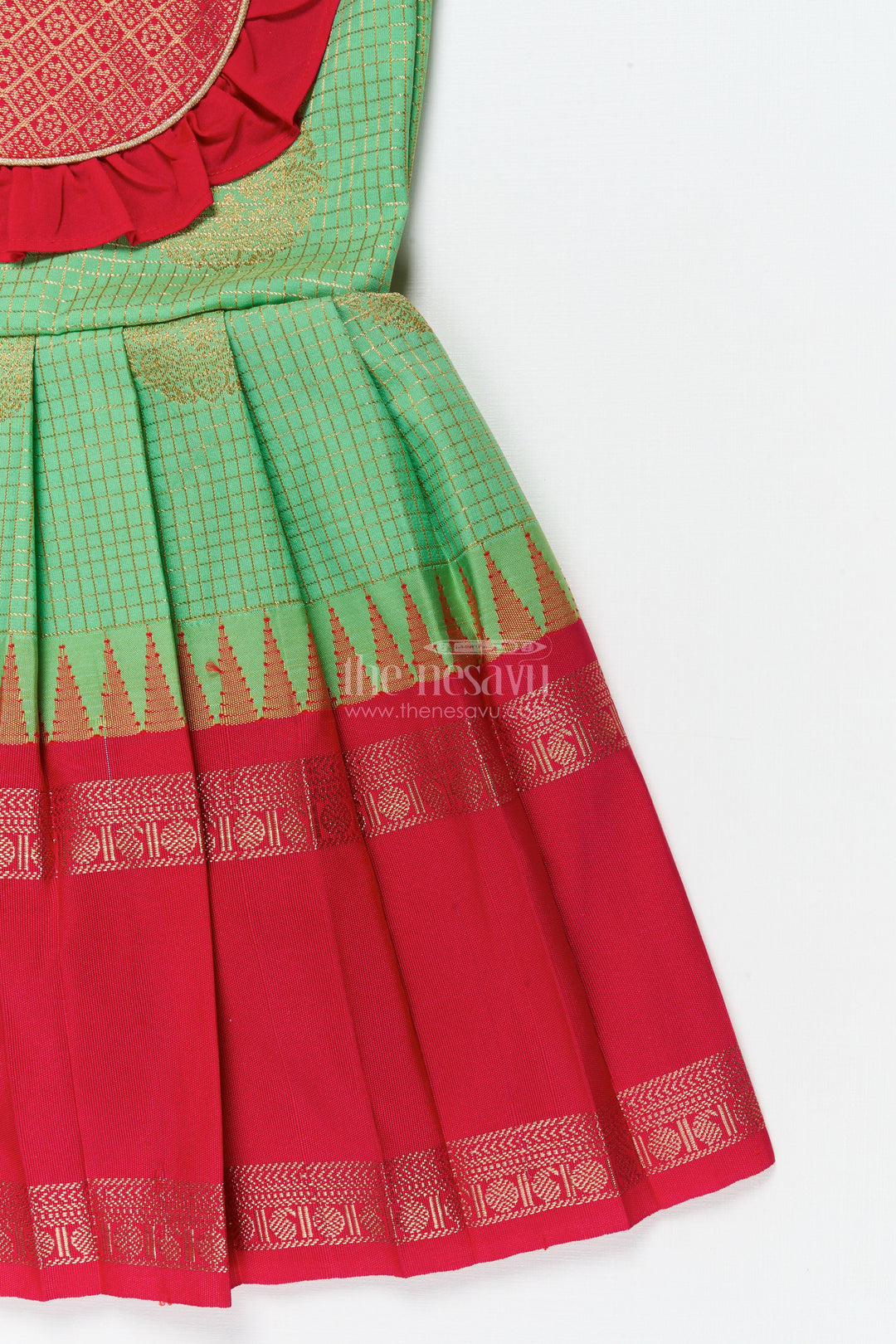 The Nesavu Girls Kanchi Silk Frock Baby Girl Traditional Silk Frock with Frilled Yoke for Festive Celebrations Nesavu Nesavu baby girl ethnic silk frock with zari detailing and contrast frilled yoke for cultural occasions