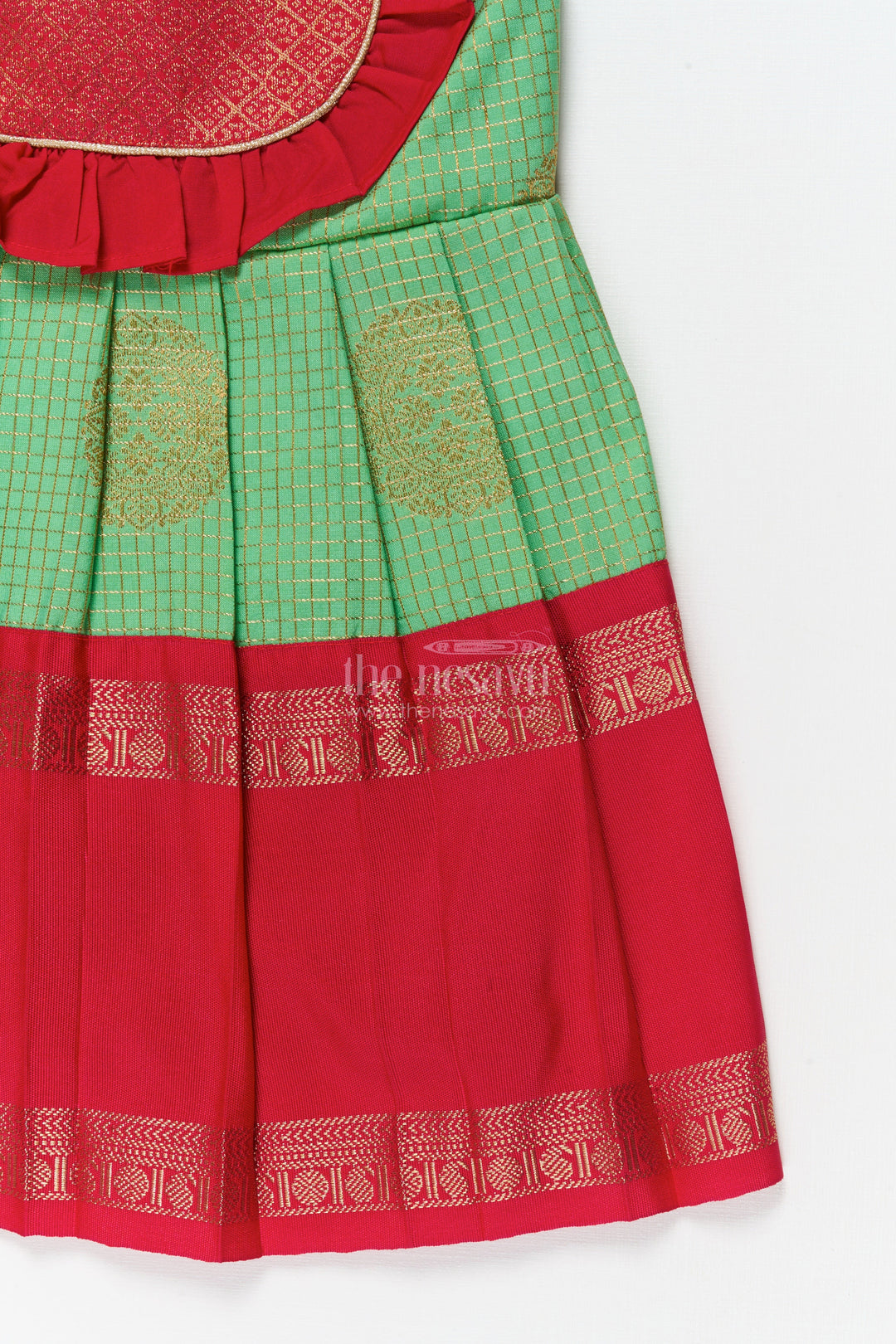 The Nesavu Girls Kanchi Silk Frock Baby Girl Traditional Silk Frock with Frilled Yoke for Festive Celebrations Nesavu Nesavu baby girl ethnic silk frock with zari detailing and contrast frilled yoke for cultural occasions