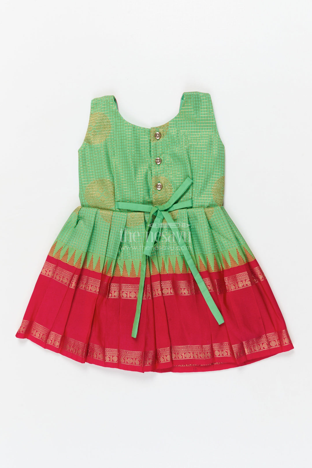 The Nesavu Girls Kanchi Silk Frock Baby Girl Traditional Silk Frock with Frilled Yoke for Festive Celebrations Nesavu Nesavu baby girl ethnic silk frock with zari detailing and contrast frilled yoke for cultural occasions