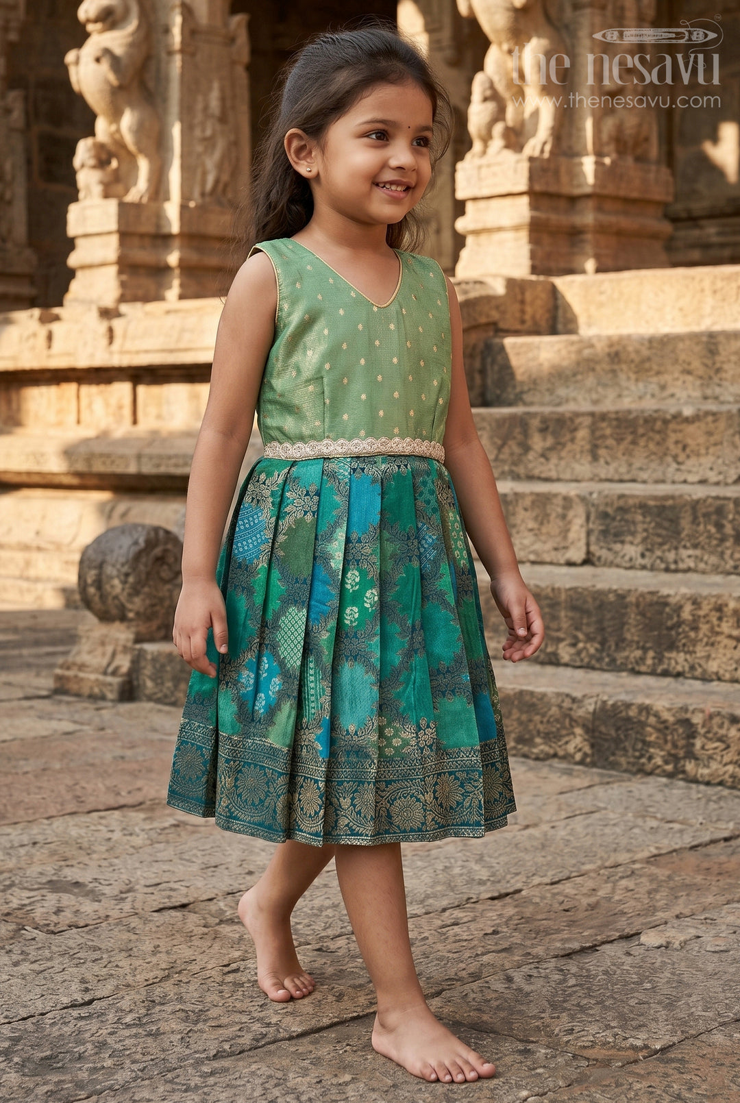 The Nesavu Silk Frock Baby Girl Traditional Silk Frock with Tissue Yoke for Weddings and Festive Portraits Nesavu 20 (3Y) / Green SF1084A-20 Nesavu baby girl semi Banaras silk frock with tissue yoke for traditional weddings and functions