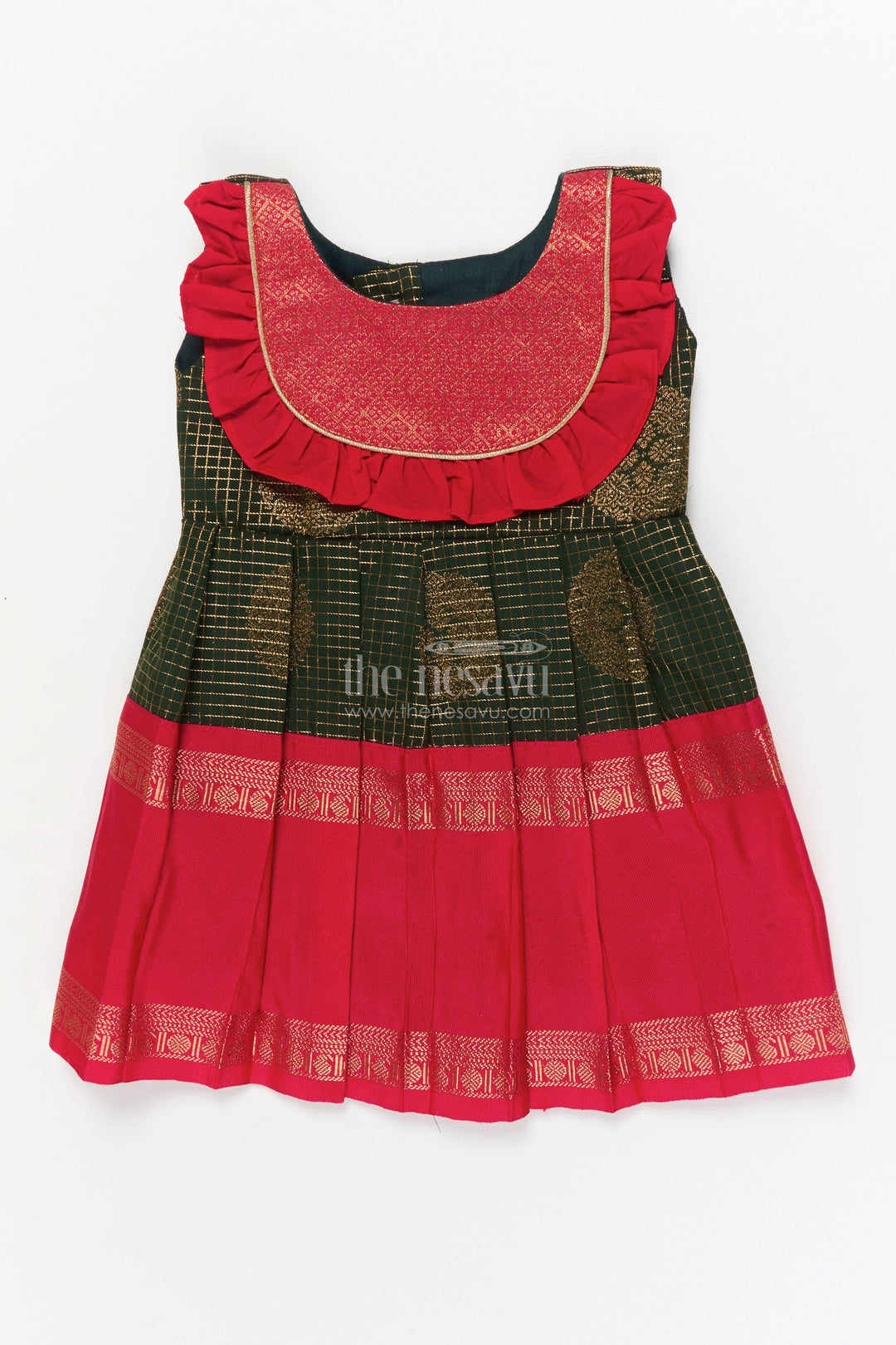 The Nesavu Girls Kanchi Silk Frock Baby Girl Traditional Silk Frock with Zari Motifs and Pleated Skirt Nesavu 10 (NB) / Green / Style 2 KSF036LB-10 Nesavu baby girl ethnic silk frock with zari motifs and traditional pleated design