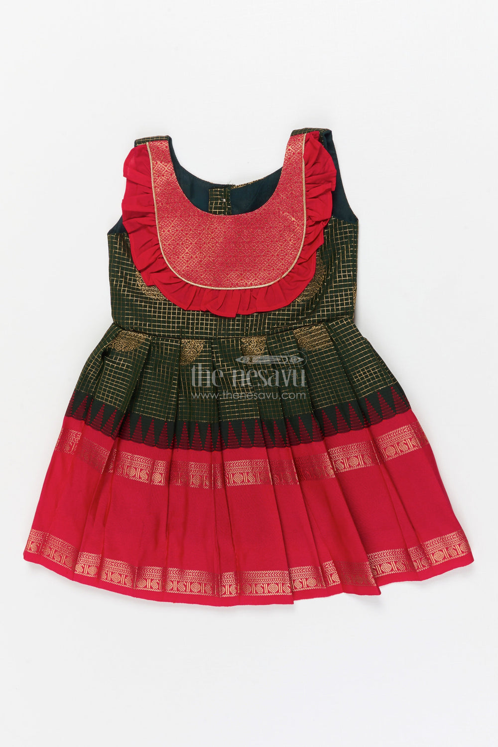 The Nesavu Girls Kanchi Silk Frock Baby Girl Traditional Silk Frock with Zari Motifs and Pleated Skirt Nesavu 14 (6M) / Green / Style 1 KSF036LA-14 Nesavu baby girl ethnic silk frock with zari motifs and traditional pleated design