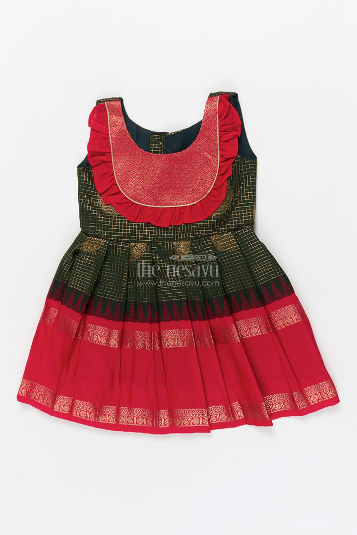 The Nesavu Girls Kanchi Silk Frock Baby Girl Traditional Silk Frock with Zari Motifs and Pleated Skirt Nesavu 14 (6M) / Green / Style 1 KSF036LA-14 Nesavu baby girl ethnic silk frock with zari motifs and traditional pleated design