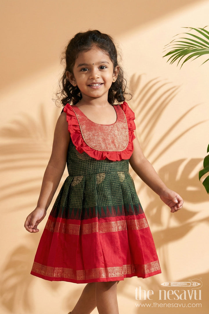 The Nesavu Girls Kanchi Silk Frock Baby Girl Traditional Silk Frock with Zari Motifs and Pleated Skirt Nesavu 14 (6M) / Green / Style 1 KSF036LA-14 Nesavu baby girl ethnic silk frock with zari motifs and traditional pleated design