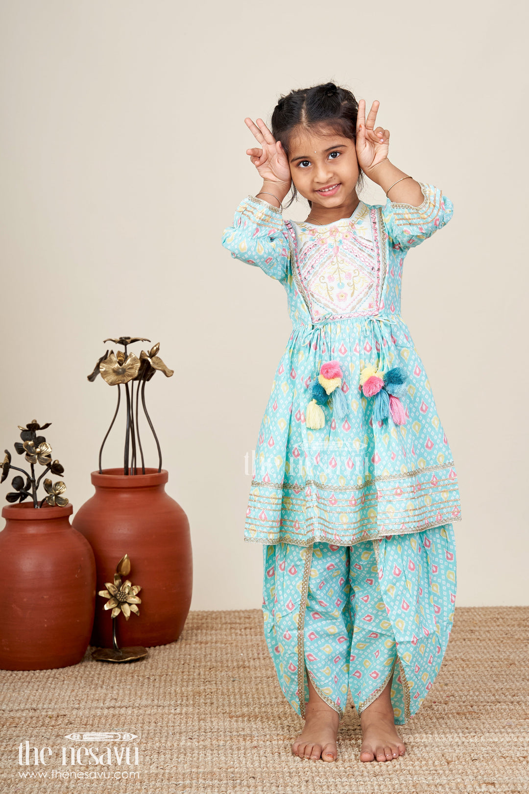 The Nesavu Girls Sharara / Plazo Set Baby girl turquoise sharara set for festive occasions and playdates Nesavu 16 (1Y) / Turquoise GPS846A-16 Nesavu baby girl cotton sharara set block print turquoise festive events