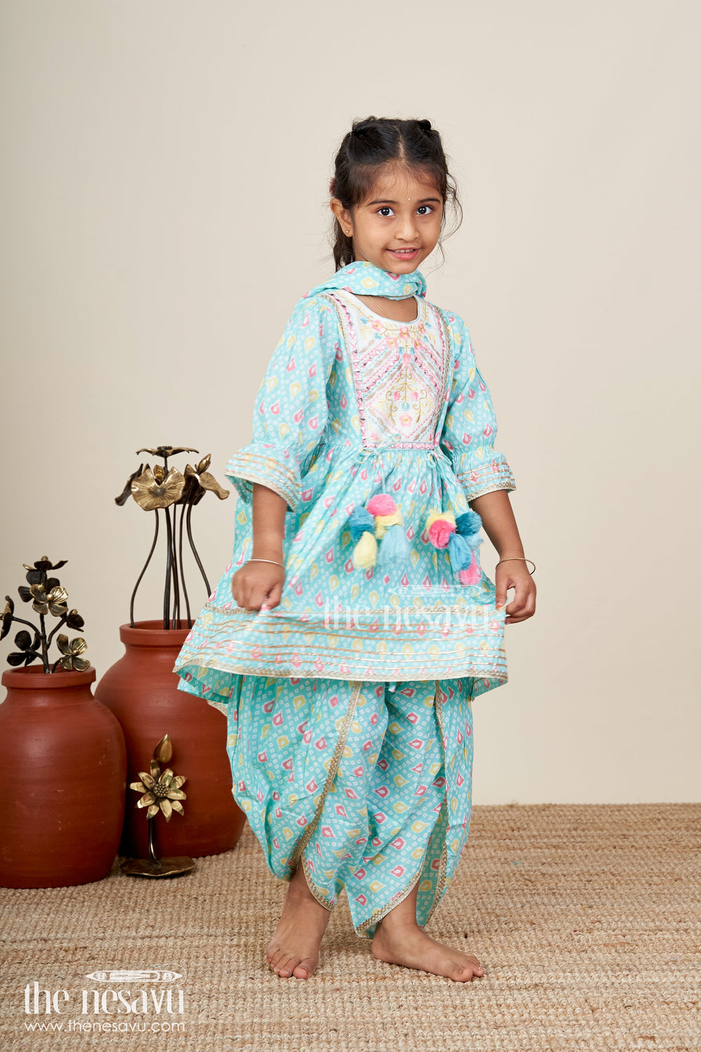 The Nesavu Girls Sharara / Plazo Set Baby girl turquoise sharara set for festive occasions and playdates Nesavu Nesavu baby girl cotton sharara set block print turquoise festive events