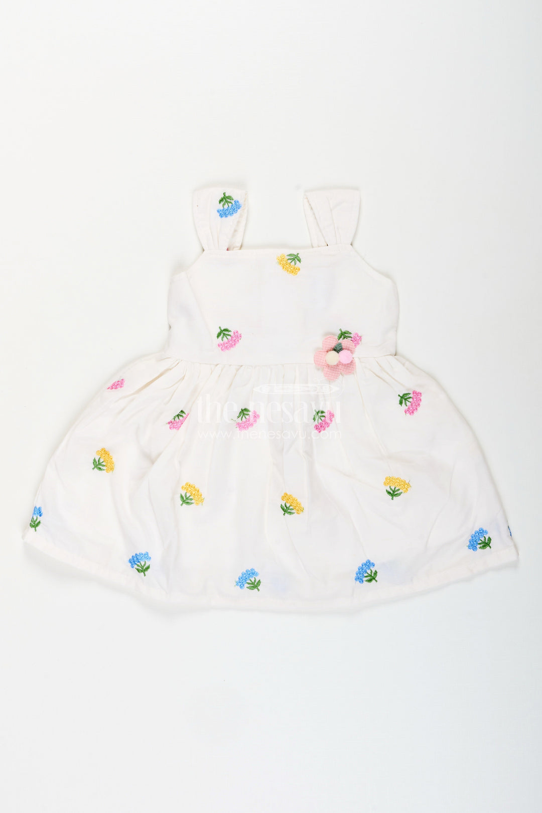 The Nesavu Baby Cotton Frocks Baby girl white cotton frock with floral embroidery for casual outings Nesavu 14 (6M) / White BFJ853A-14 Nesavu baby girl white cotton frock with pastel floral embroidery for casual summer days
