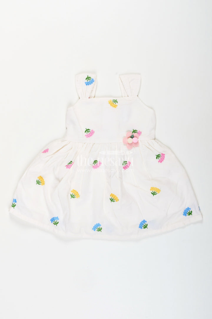 The Nesavu Baby Cotton Frocks Baby girl white cotton frock with floral embroidery for casual outings Nesavu 14 (6M) / White BFJ853A-14 Nesavu baby girl white cotton frock with pastel floral embroidery for casual summer days