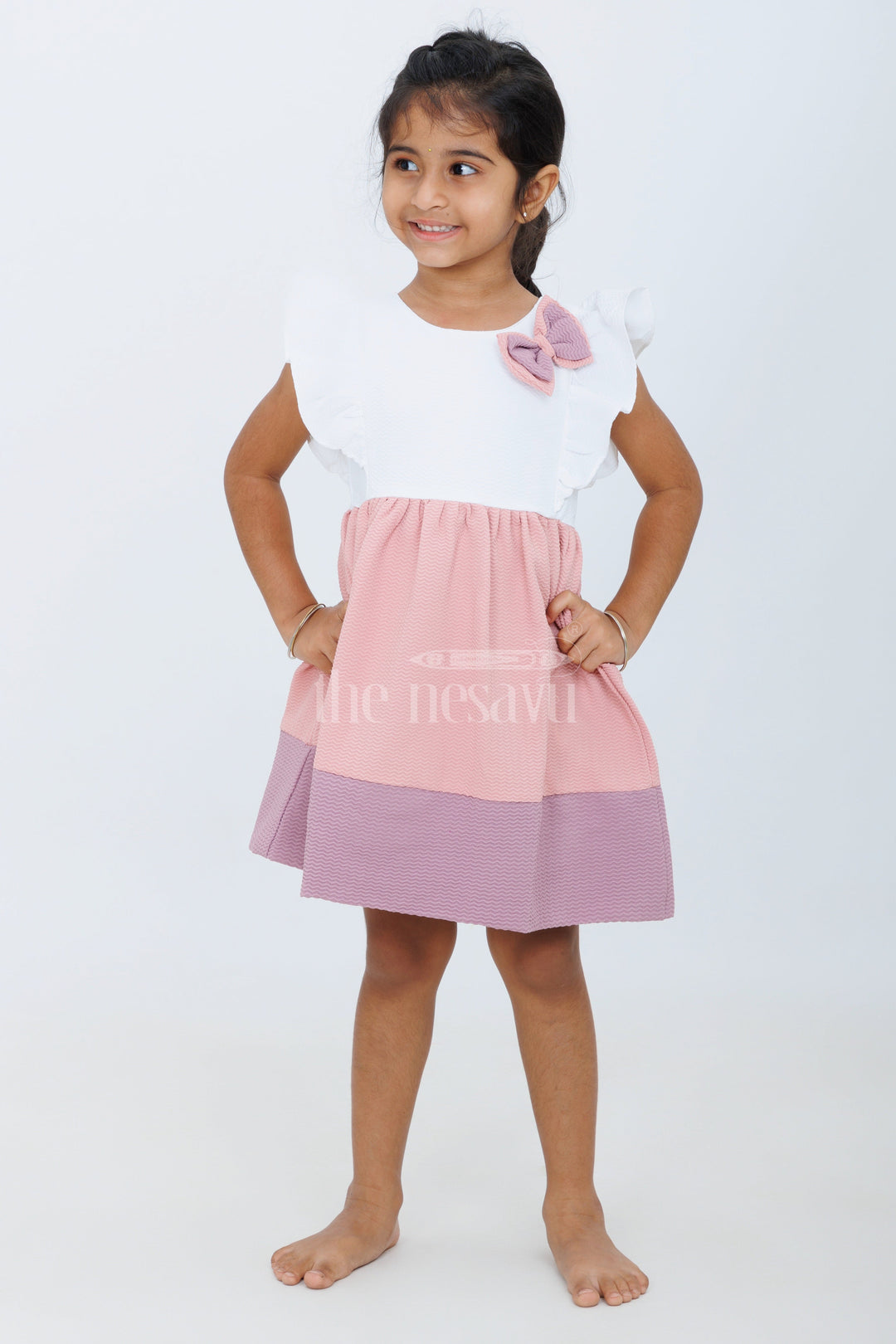 The Nesavu Baby Fancy Frock Baby Girls Beige Cotton White Frock with Color Block Design and Bow Accent for Family Gatherings Nesavu 16 (1Y) / Beige BFJ642A-16 Nesavu Baby Girls Beige Cotton Frock Bow Detail Color Block Design Family Outings Playdates