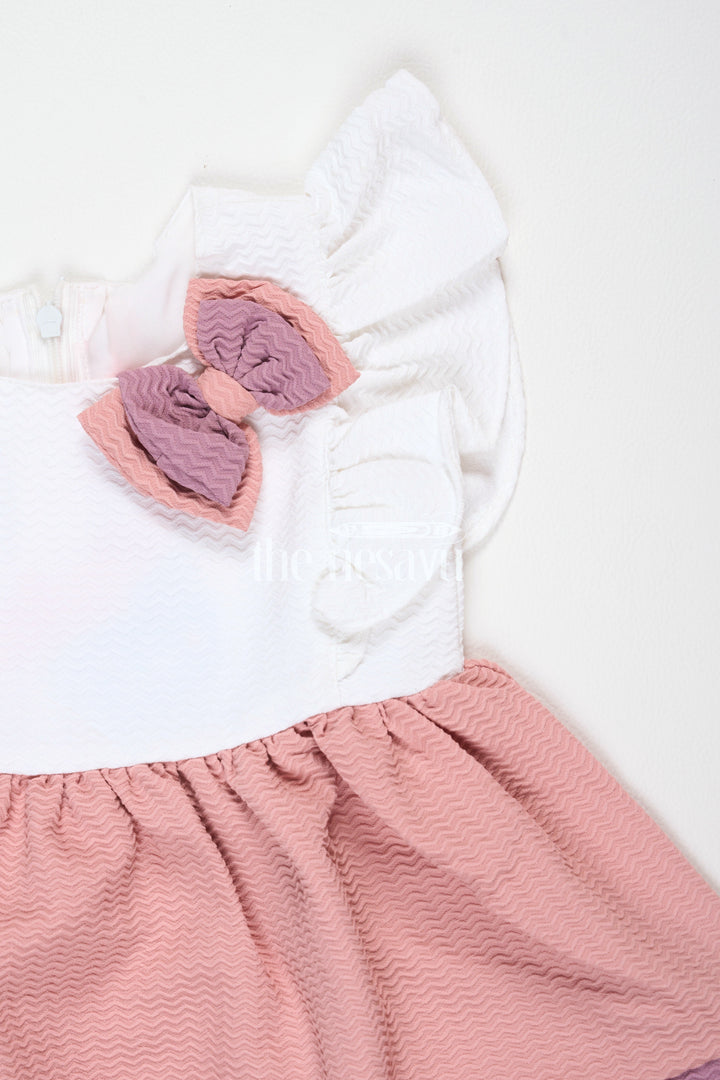 The Nesavu Baby Fancy Frock Baby Girls Beige Cotton White Frock with Color Block Design and Bow Accent for Family Gatherings Nesavu Nesavu Baby Girls Beige Cotton Frock Bow Detail Color Block Design Family Outings Playdates