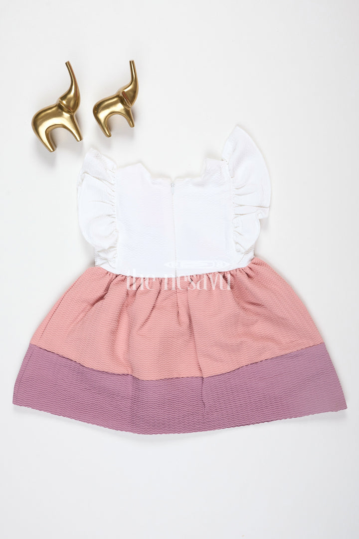 The Nesavu Baby Fancy Frock Baby Girls Beige Cotton White Frock with Color Block Design and Bow Accent for Family Gatherings Nesavu Nesavu Baby Girls Beige Cotton Frock Bow Detail Color Block Design Family Outings Playdates