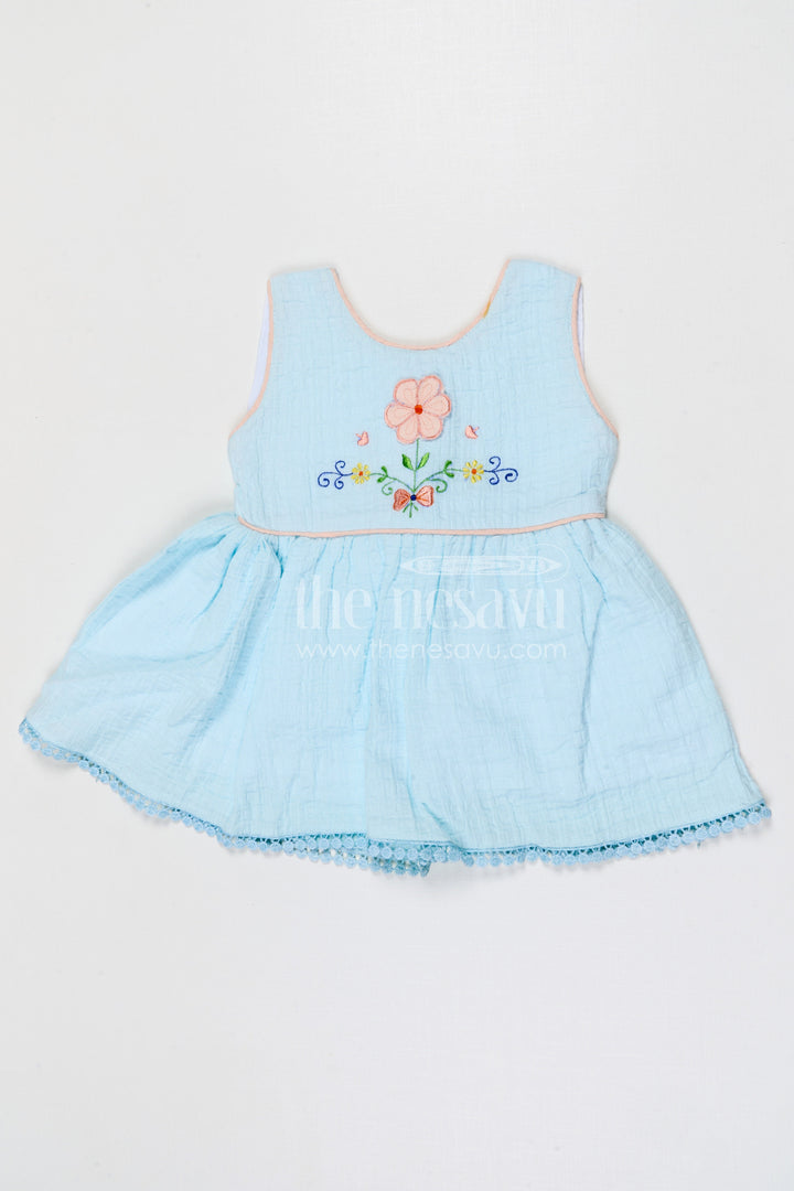 The Nesavu Baby Cotton Frocks Baby Girls Bubble Crepe and Embroidered Frock with Layered Flare Nesavu 14 (6M) / Blue / Bubble BFJ971A-14 Nesavu baby girls bubble crepe embroidered frock with layered flare design