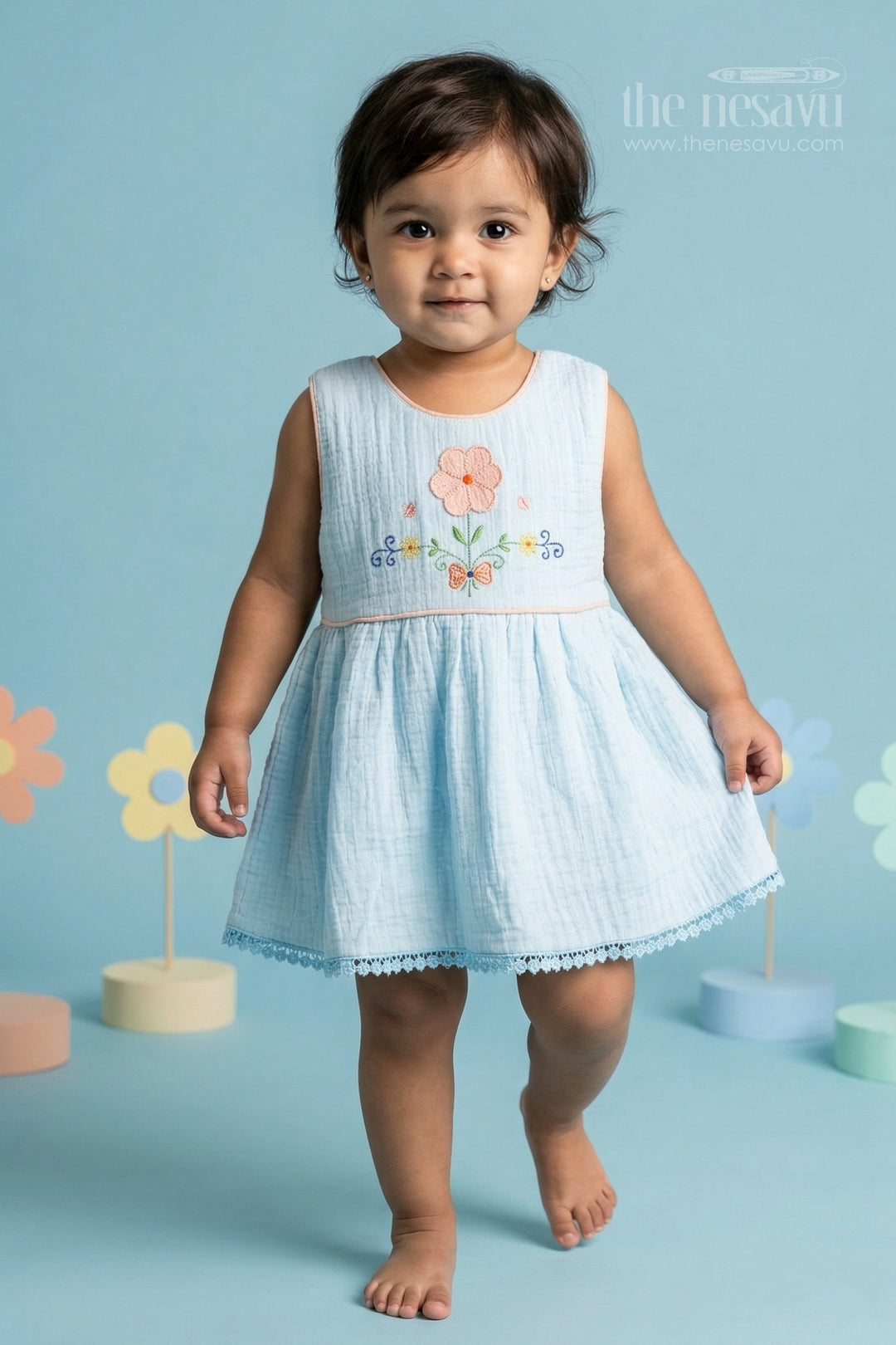 The Nesavu Baby Cotton Frocks Baby Girls Bubble Crepe and Embroidered Frock with Layered Flare Nesavu 14 (6M) / Blue / Bubble BFJ971A-14 Nesavu baby girls bubble crepe embroidered frock with layered flare design