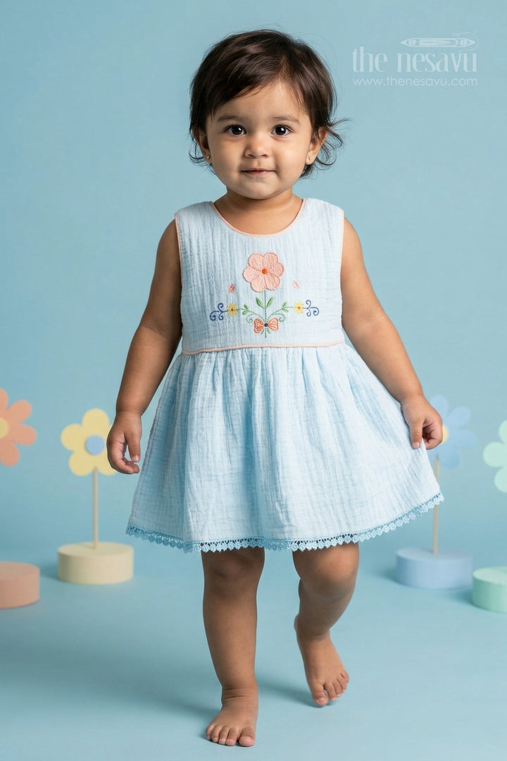 The Nesavu Baby Cotton Frocks Baby Girls Bubble Crepe and Embroidered Frock with Layered Flare Nesavu 14 (6M) / Blue / Bubble BFJ971A-14 Nesavu baby girls bubble crepe embroidered frock with layered flare design