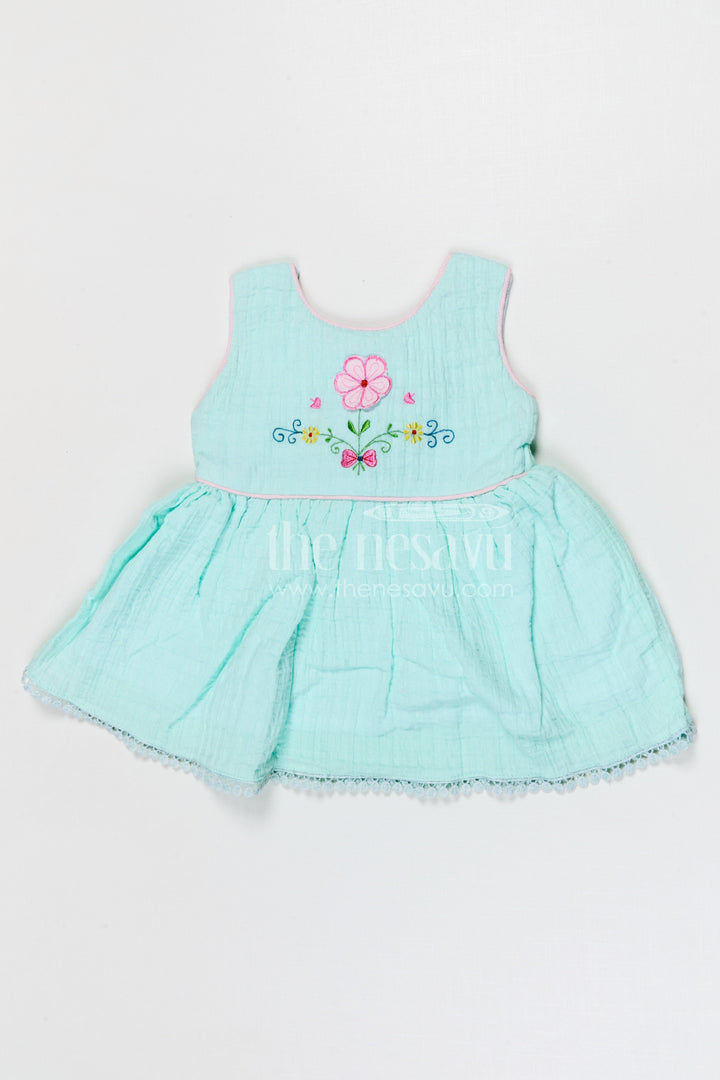 The Nesavu Baby Cotton Frocks Baby Girls Bubble Crepe Embroidered Frock with Floral Detail Nesavu 14 (6M) / Turquoise / Bubble BFJ971B-14 Nesavu baby girls bubble crepe embroidered frock for party and occasion wear