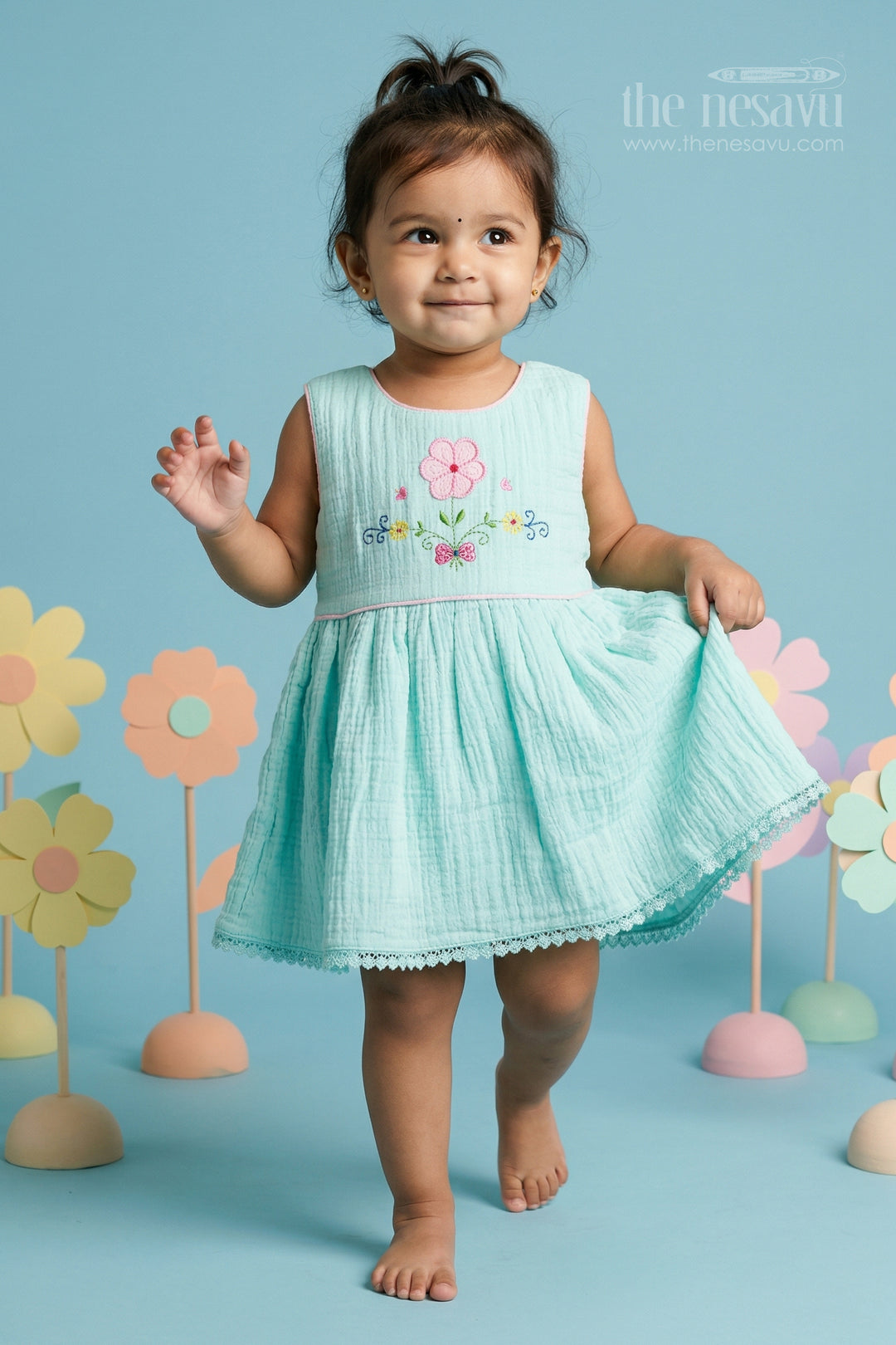 The Nesavu Baby Cotton Frocks Baby Girls Bubble Crepe Embroidered Frock with Floral Detail Nesavu 14 (6M) / Turquoise / Bubble BFJ971B-14 Nesavu baby girls bubble crepe embroidered frock for party and occasion wear