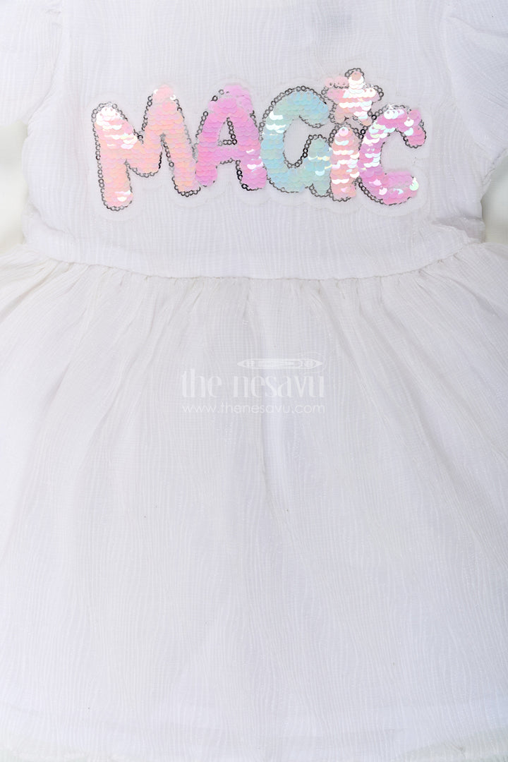 The Nesavu Baby Fancy Frock Baby Girls Chun Wala Frock in White Chinon Chiffon with Sequin Magic Letter Embroidery Nesavu Baby Girls Chun Wala Frock White Chinon Chiffon Multicolor Sequin Design | The Nesavu