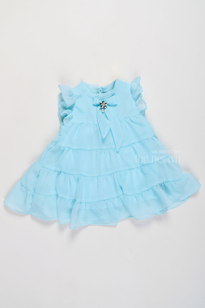The Nesavu Girls Fancy Frock Baby Girls Clothes in Light Blue with Ruffled Layers and Bow Detail Nesavu 16 (1Y) / Blue GFC1505A-16 Nesavu Baby Girls Clothes Light Blue Ruffled Layers Elegant Pearl Bow Detail