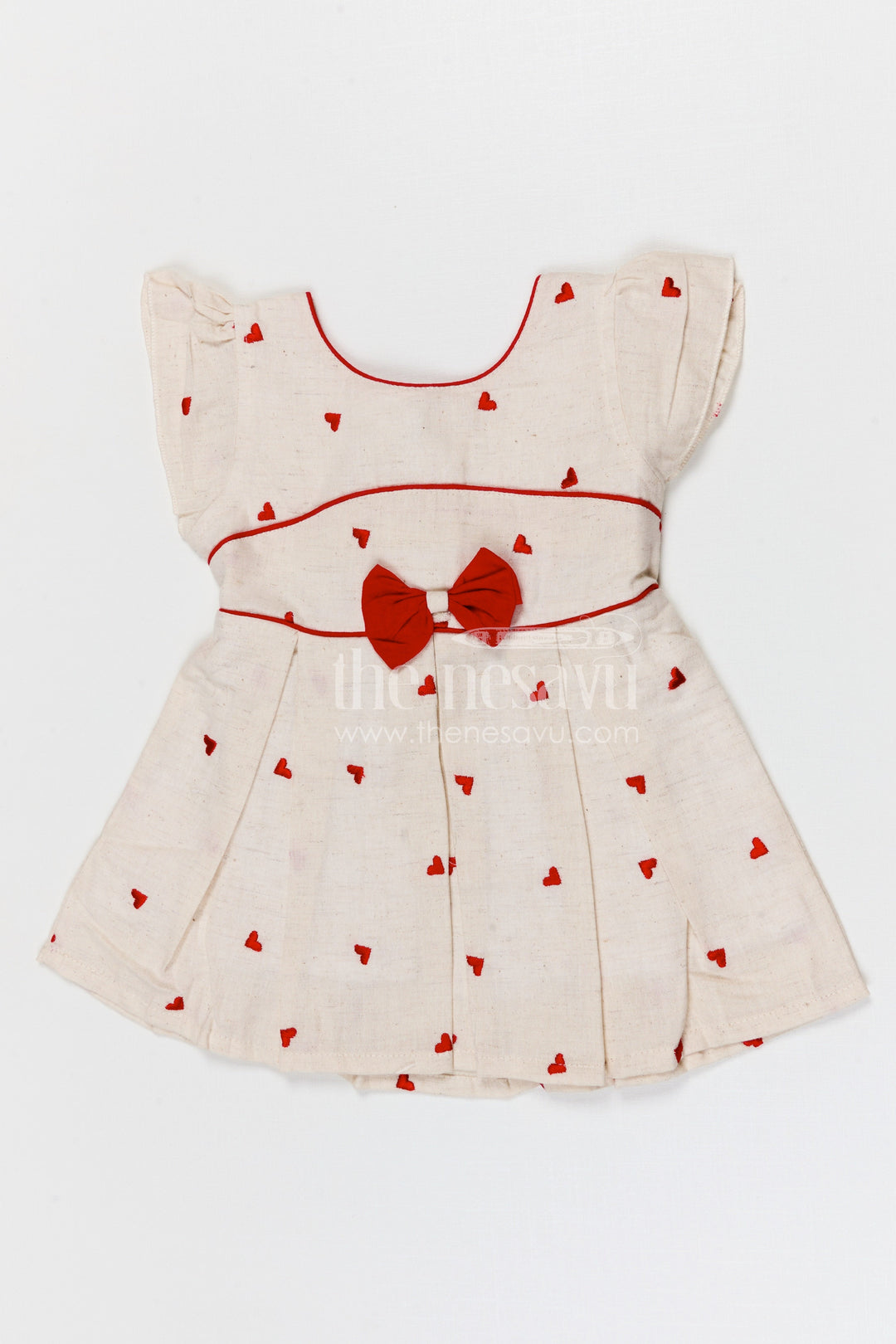 The Nesavu Baby Cotton Frocks Baby Girls Cotton Embroidered Frock with Heart Motifs and Bow Detail Nesavu 14 (6M) / Half white / Cotton BFJ968A-14 Nesavu baby girls cotton embroidered frock with heart design for cute everyday wear
