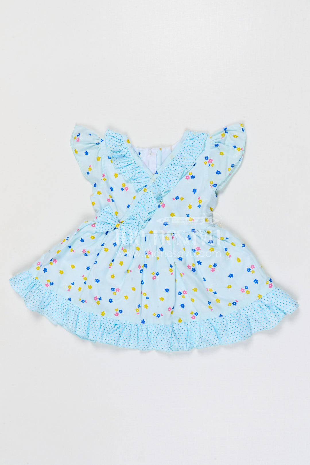The Nesavu Baby Cotton Frocks Baby Girls Cotton Floral Frock with Ruffle Detail for Summer Wear Nesavu 14 (6M) / Blue / Cotton BFJ969B-14 Nesavu baby girls cotton floral frock with ruffle design for summer baby fashion