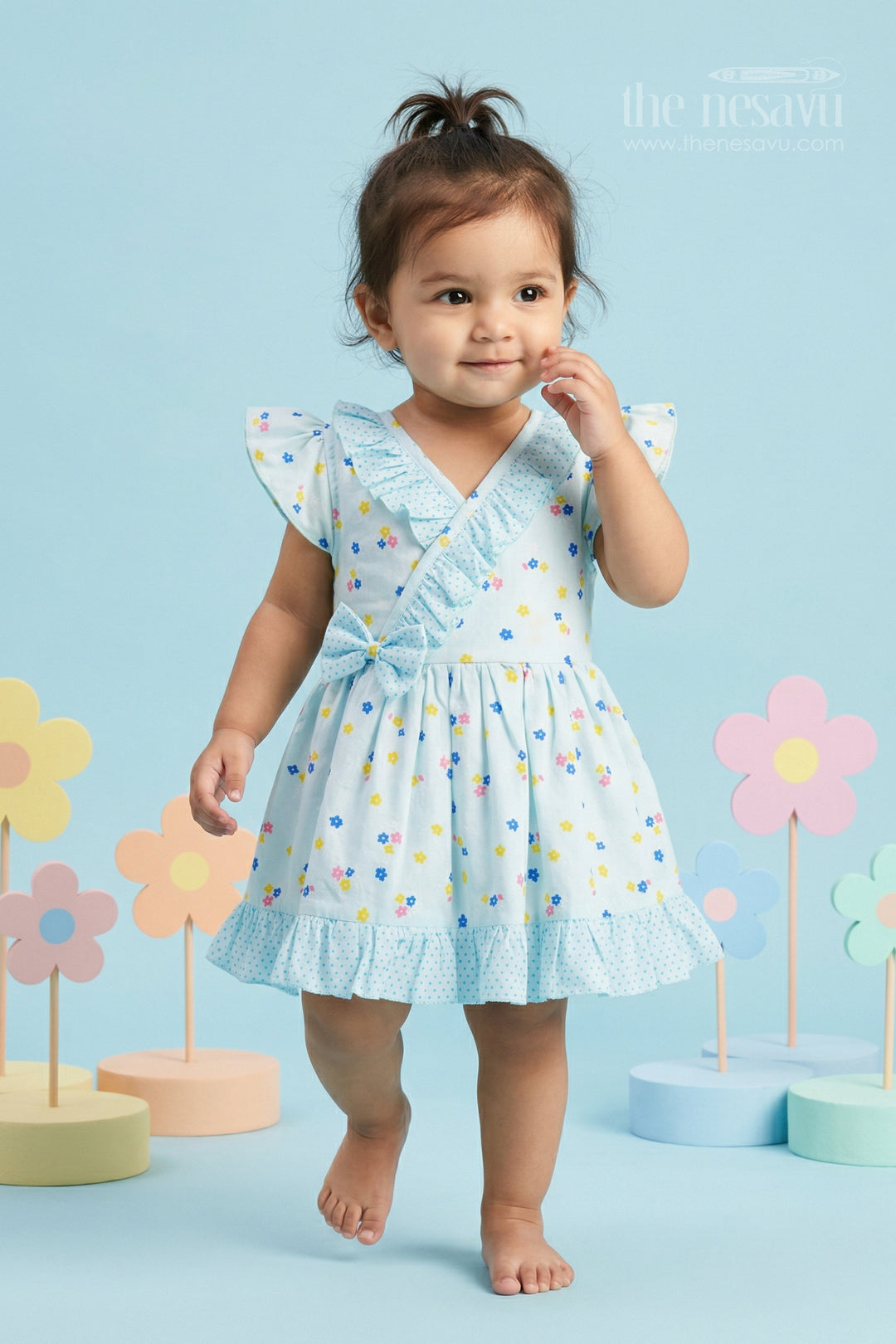 The Nesavu Baby Cotton Frocks Baby Girls Cotton Floral Frock with Ruffle Detail for Summer Wear Nesavu 14 (6M) / Blue / Cotton BFJ969B-14 Nesavu baby girls cotton floral frock with ruffle design for summer baby fashion