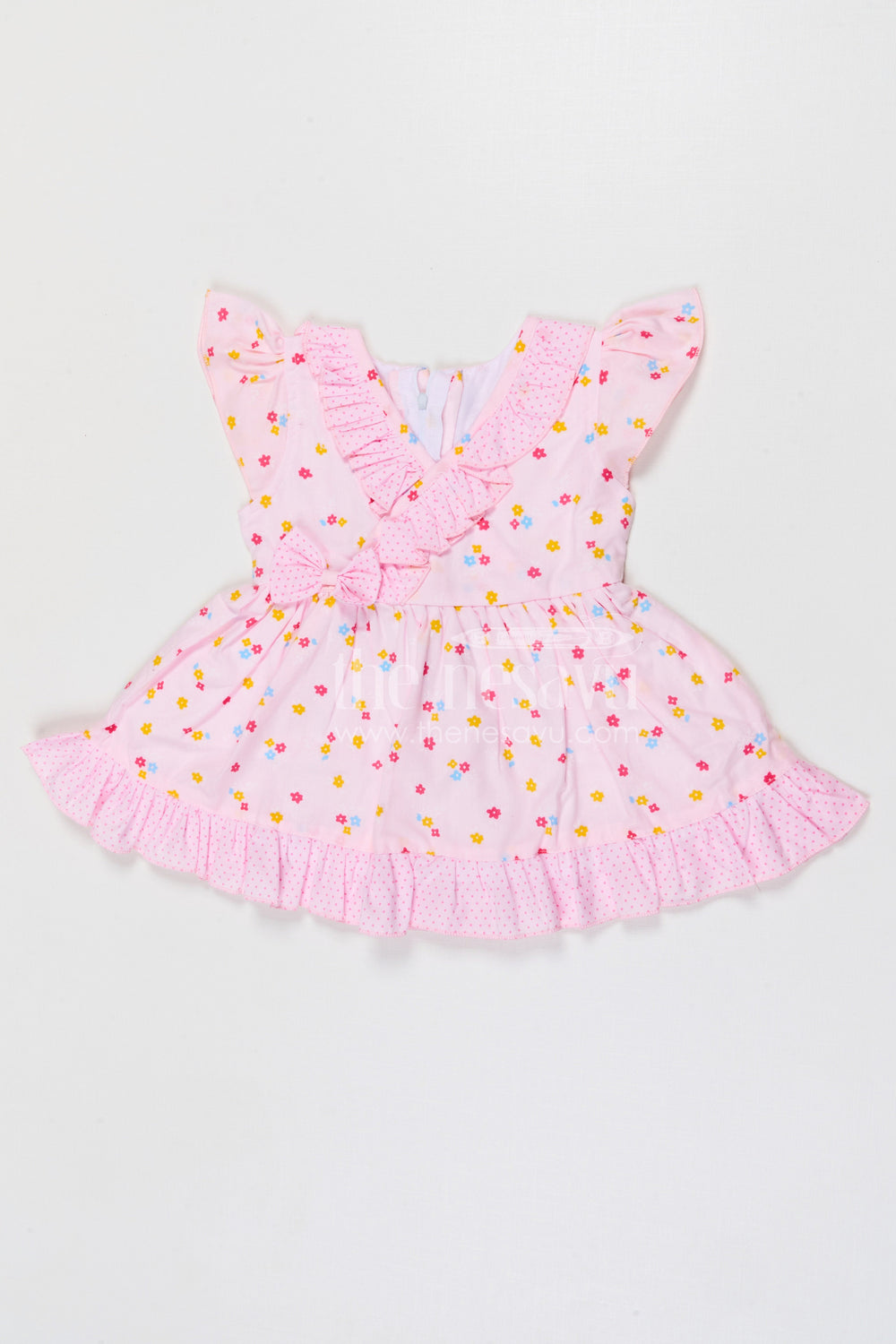 The Nesavu Baby Cotton Frocks Baby Girls Cotton Floral Frock with Ruffle Wrap Design Nesavu 14 (6M) / Pink / Cotton BFJ969C-14 Nesavu baby girls cotton floral printed frock with ruffle wrap design for kids wear