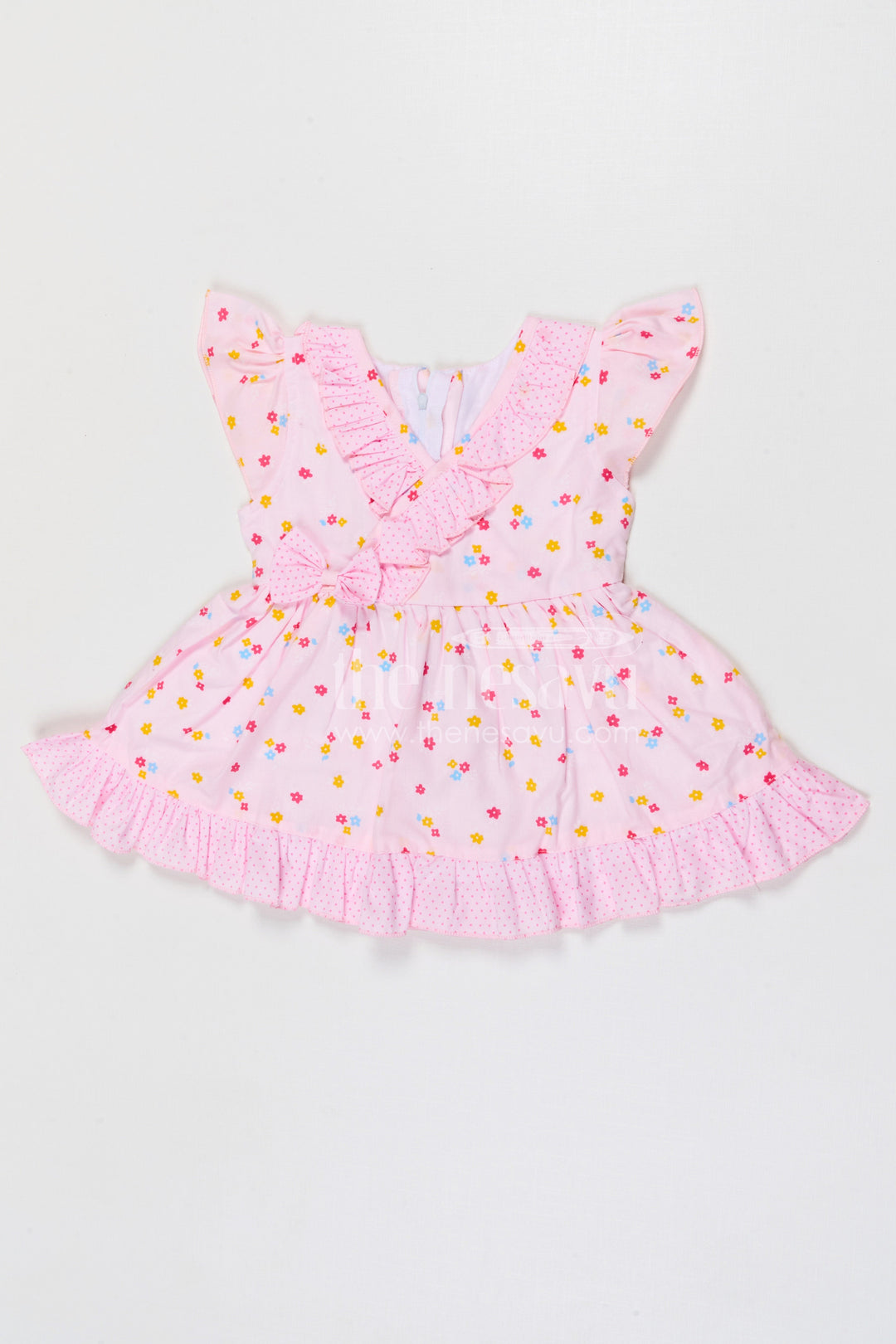 The Nesavu Baby Cotton Frocks Baby Girls Cotton Floral Frock with Ruffle Wrap Design Nesavu 14 (6M) / Pink / Cotton BFJ969C-14 Nesavu baby girls cotton floral printed frock with ruffle wrap design for kids wear