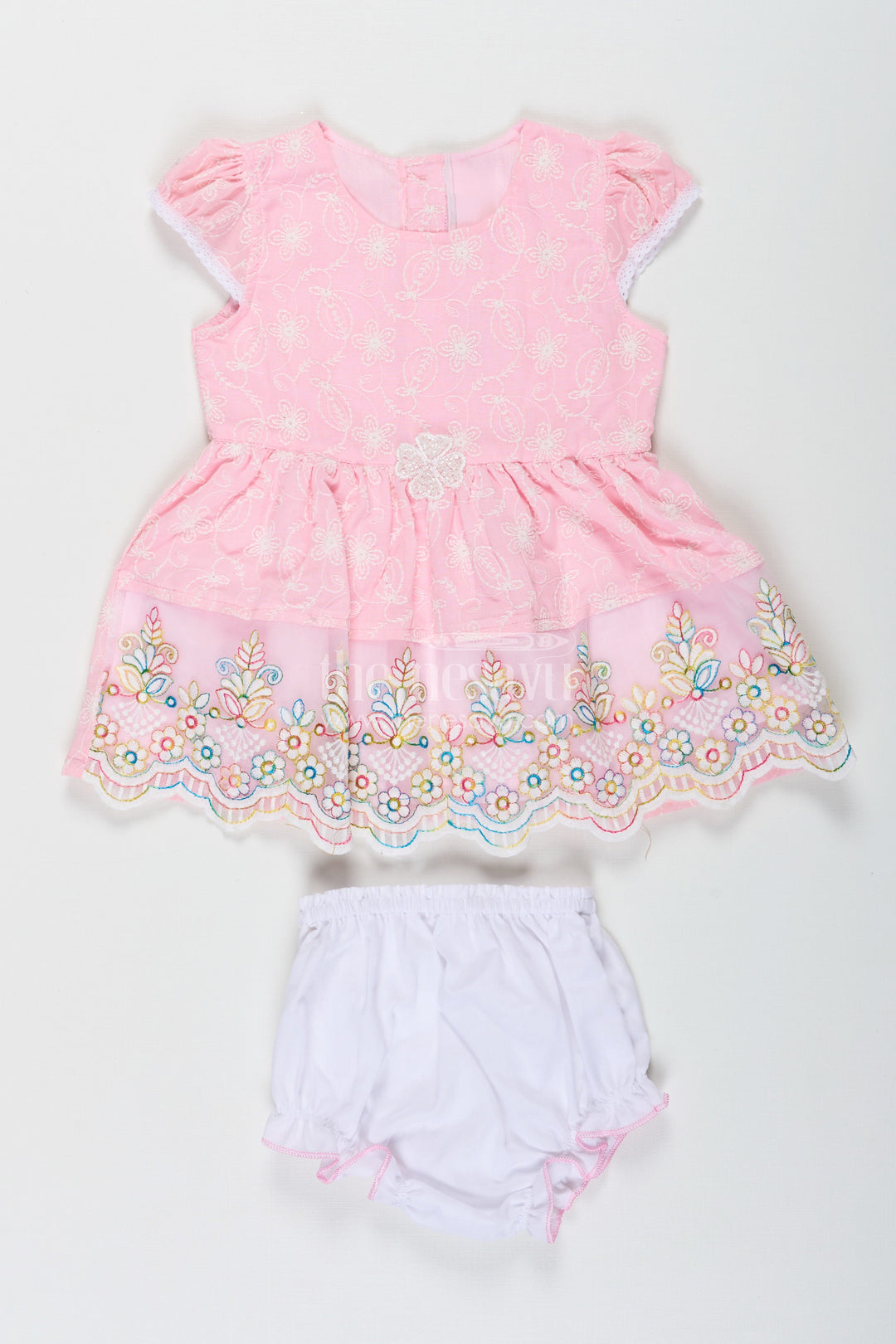 The Nesavu Baby Cotton Frocks Baby Girls Cotton Ki Frock Suit in Chikan Embroidery with Floral Lace Design and Bloomer Nesavu 18 (2Y) / Pink BFJ744B-18 Nesavu Baby Girls Cotton Ki Frock Suit Chikan Embroidery Floral Lace Design