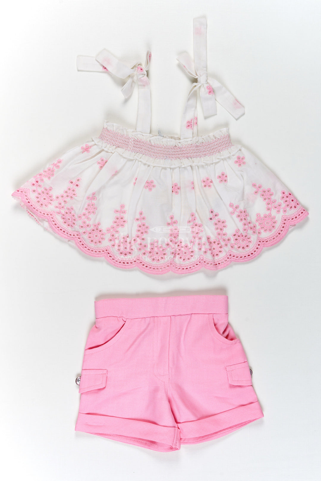 The Nesavu Baby Cotton Frocks Baby Girls Cotton Sparkly Light Pink Dress with Hakoba Embroidery and Sleeveless Bow-Tied Top Nesavu 18 (2Y) / Pink BFJ762A-18 Nesavu Baby Girls Sparkly Light Pink Cotton Dress Hakoba Embroidered Top Shorts