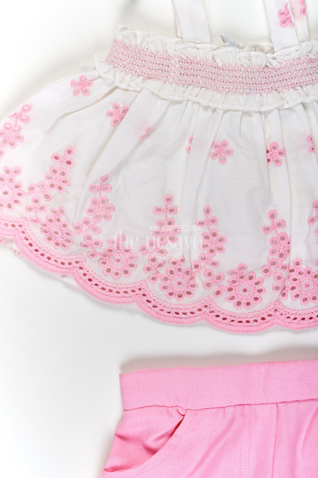 The Nesavu Baby Cotton Frocks Baby Girls Cotton Sparkly Light Pink Dress with Hakoba Embroidery and Sleeveless Bow-Tied Top Nesavu Nesavu Baby Girls Sparkly Light Pink Cotton Dress Hakoba Embroidered Top Shorts