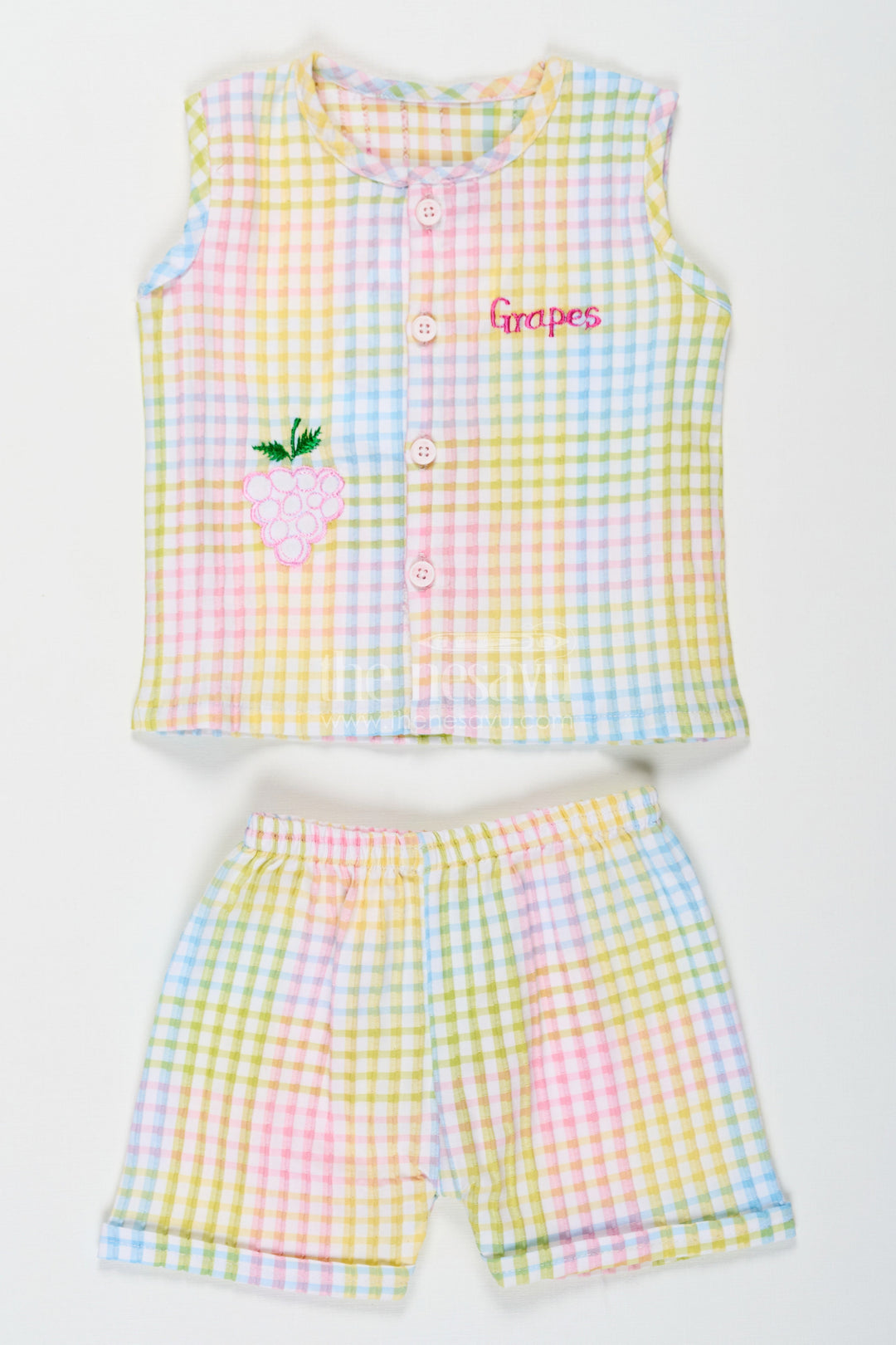 The Nesavu Baby Cotton Frocks Baby Girls Cotton Two Piece Dress Set with Multicolor Checkered Print and Embroidered Grape Motif Nesavu 10 (NB) / Multicolor BFJ749A-10 Nesavu Baby Girls Two Piece Cotton Dress Set Checkered Pastel Print Embroidered Motif