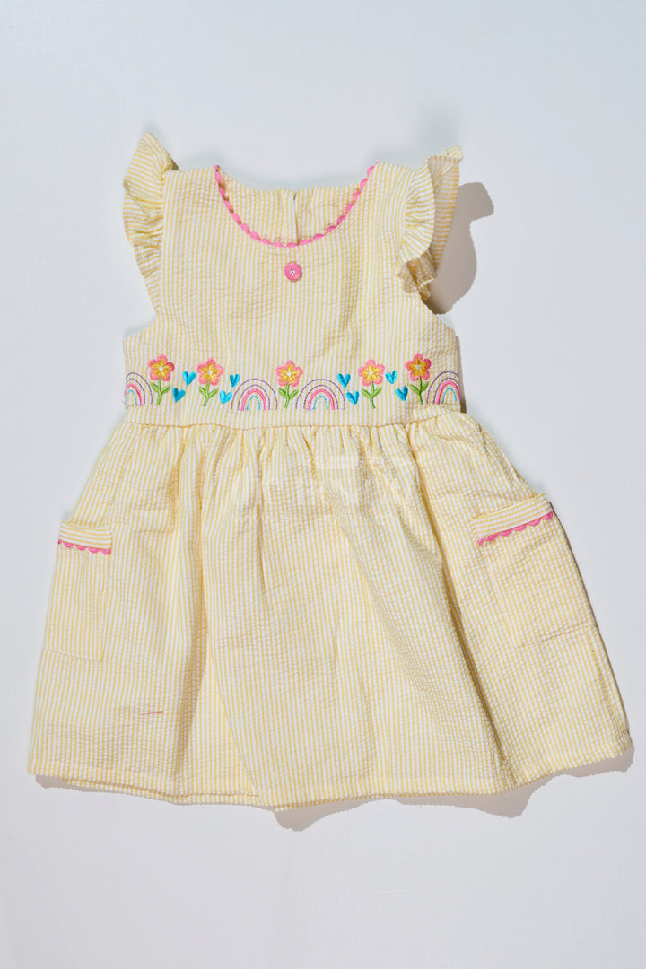 The Nesavu Baby Cotton Frocks Baby Girls Cotton Yellow Frock in Seer Sucker Fabric with Embroidery and Pockets Nesavu 14 (6M) / Yellow BFJ717B-14 Nesavu Baby Girls Cotton Yellow Frock Seer Sucker Fabric Embroidery Pockets