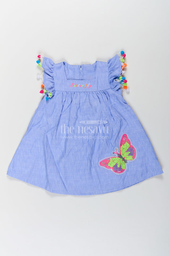 The Nesavu Baby Cotton Frocks Baby Girls Dark Blue Frock with Butterfly Patch and Pom Pom Sleeves in Cotton Blend Nesavu 14 (6M) / Blue BFJ759A-14 Nesavu Baby Girls Dark Blue Frock Cotton Blend Butterfly Patch Pom Pom Embroidery