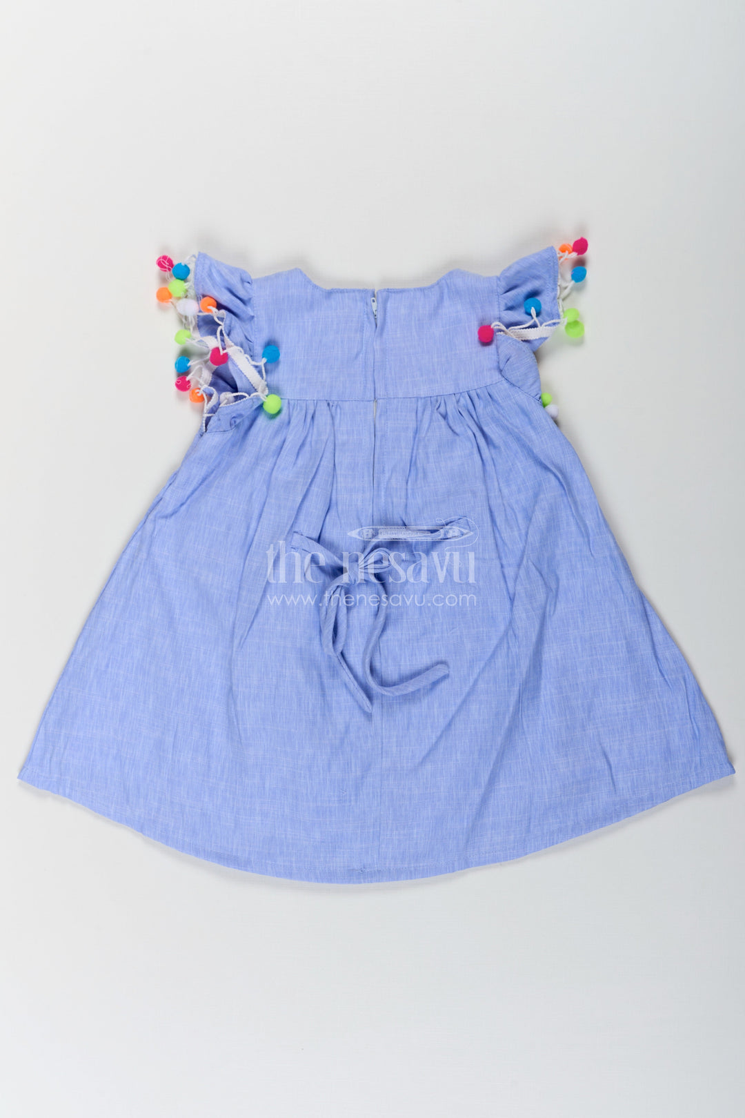 The Nesavu Baby Cotton Frocks Baby Girls Dark Blue Frock with Butterfly Patch and Pom Pom Sleeves in Cotton Blend Nesavu Nesavu Baby Girls Dark Blue Frock Cotton Blend Butterfly Patch Pom Pom Embroidery