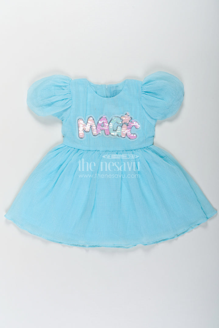 The Nesavu Baby Fancy Frock Baby Girls Floral Organza Frock in Chinon Chiffon with Puff Sleeves and Magic Sequin Embroidery Nesavu 14 (6M) / Blue BFJ758A-14 Nesavu Baby Girls Floral Organza Frock Chinon Chiffon Magic Sequin Embroidery