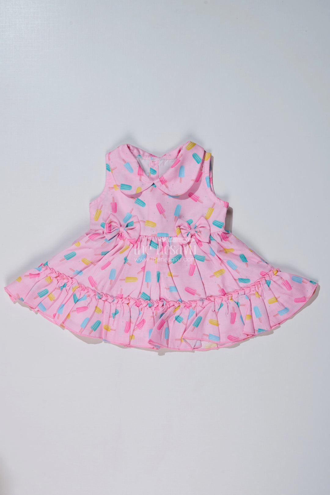 The Nesavu Baby Cotton Frocks Baby Girls Floral Party Frocks with Ice Cream Print and Ruffled Hem for a Playful Look Nesavu 12 (3M) / Pink BFJ742A-12 Nesavu Baby Girls Floral Party Frocks Ice Cream Print Ruffled Hem Cute Outfits