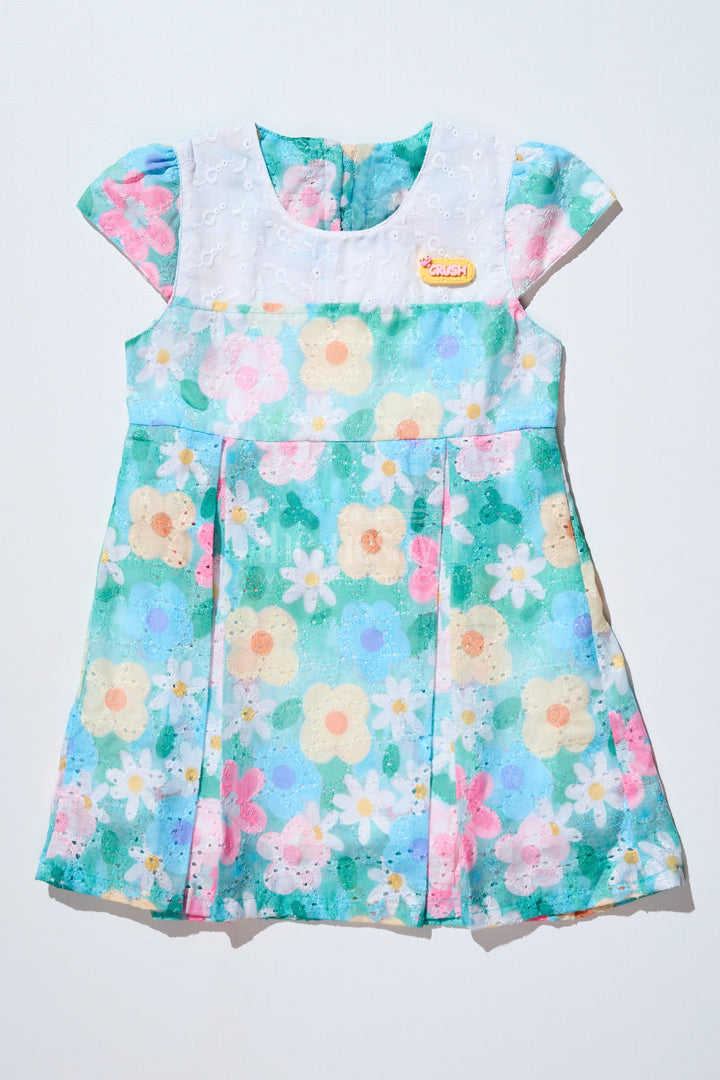 The Nesavu Baby Cotton Frocks Baby Girls Floral Print Frock in Chikankari Cotton with Digital Prints and Lace Yoke Nesavu 14 (6M) / Green BFJ720A-14 Nesavu Baby Girls Floral Print Frock Chikankari Cotton Digital Prints Lace Yoke