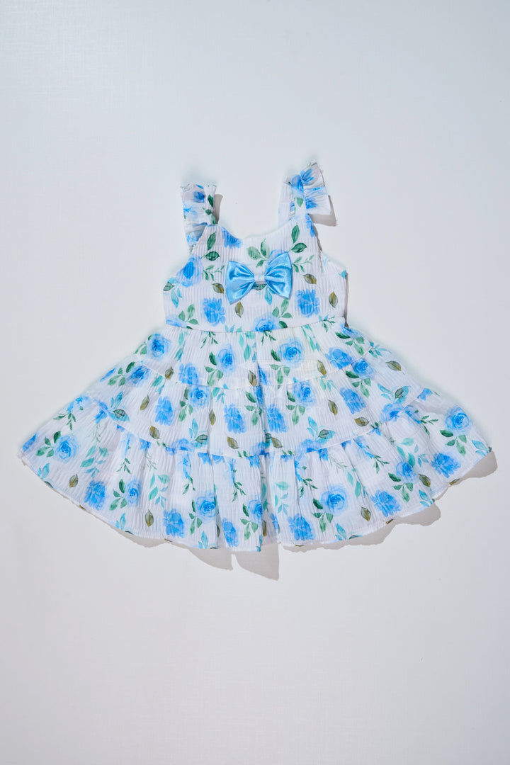 The Nesavu Baby Fancy Frock Baby Girls Floral Printed Frock in Blended Silk Popcorn Fabric with Bow Detail Nesavu 14 (6M) / Blue BFJ718A-14 Nesavu Baby Girls Floral Printed Frock Blended Silk Popcorn Fabric Bow