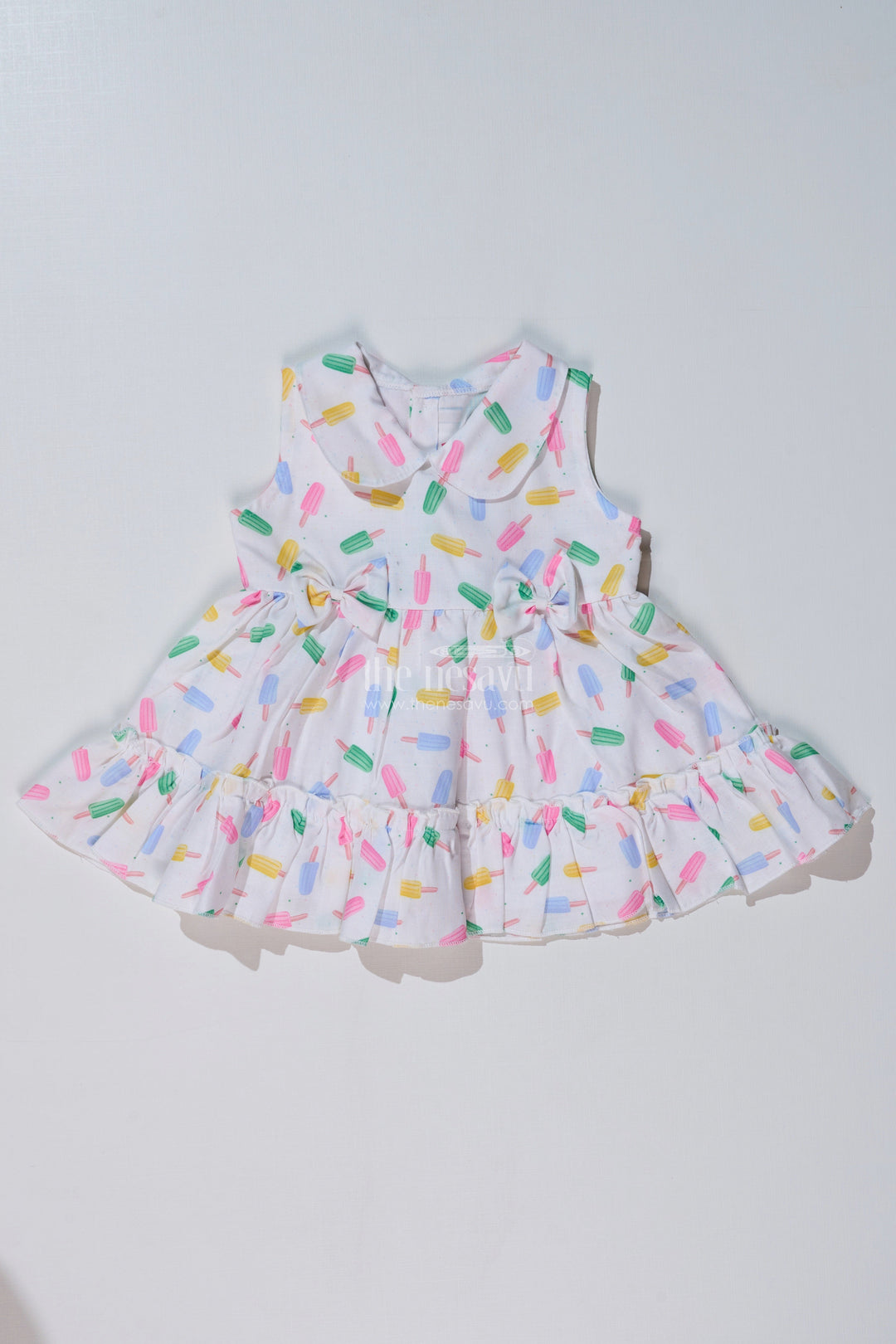 The Nesavu Baby Cotton Frocks Baby Girls Floral Summer Frock with Ice Cream Print and Soft Cotton Blend Fabric for a Breezy Look Nesavu 12 (3M) / White BFJ742B-12 Nesavu Baby Girls Floral Summer Frock Ice Cream Print Cotton Blend Fabric
