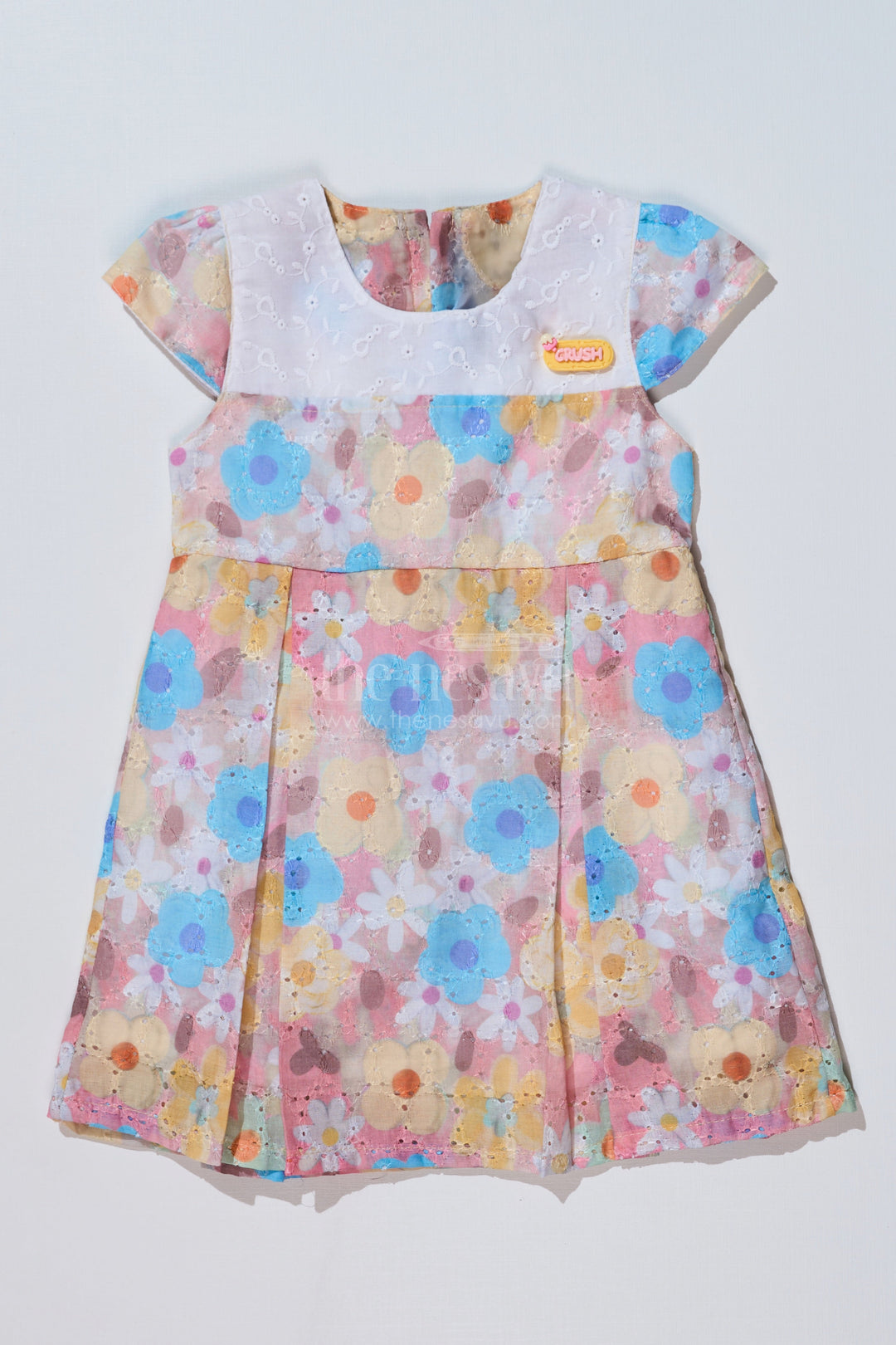 The Nesavu Baby Cotton Frocks Baby Girls Flower Print Frock in Chikankari Cotton with Digital Prints and Lace Details Nesavu 14 (6M) / Peach BFJ720B-14 Nesavu Baby Girls Flower Print Frock Chikankari Cotton Digital Prints Lace Details